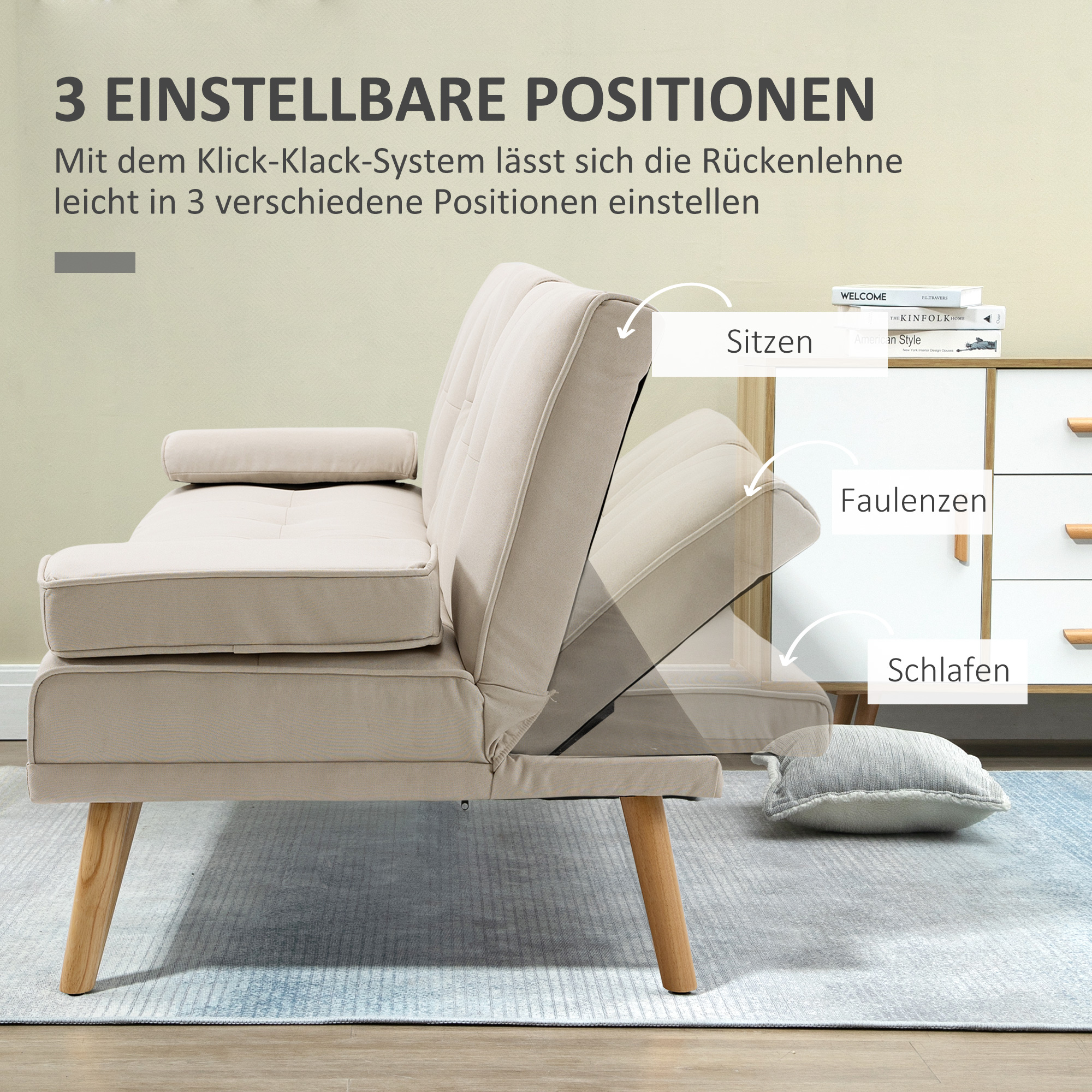 Beiges Schlafsofa in drei Positionen: Sitzen, Faulenzen und Schlafen. Holzbeine. Weißer Hintergrund.