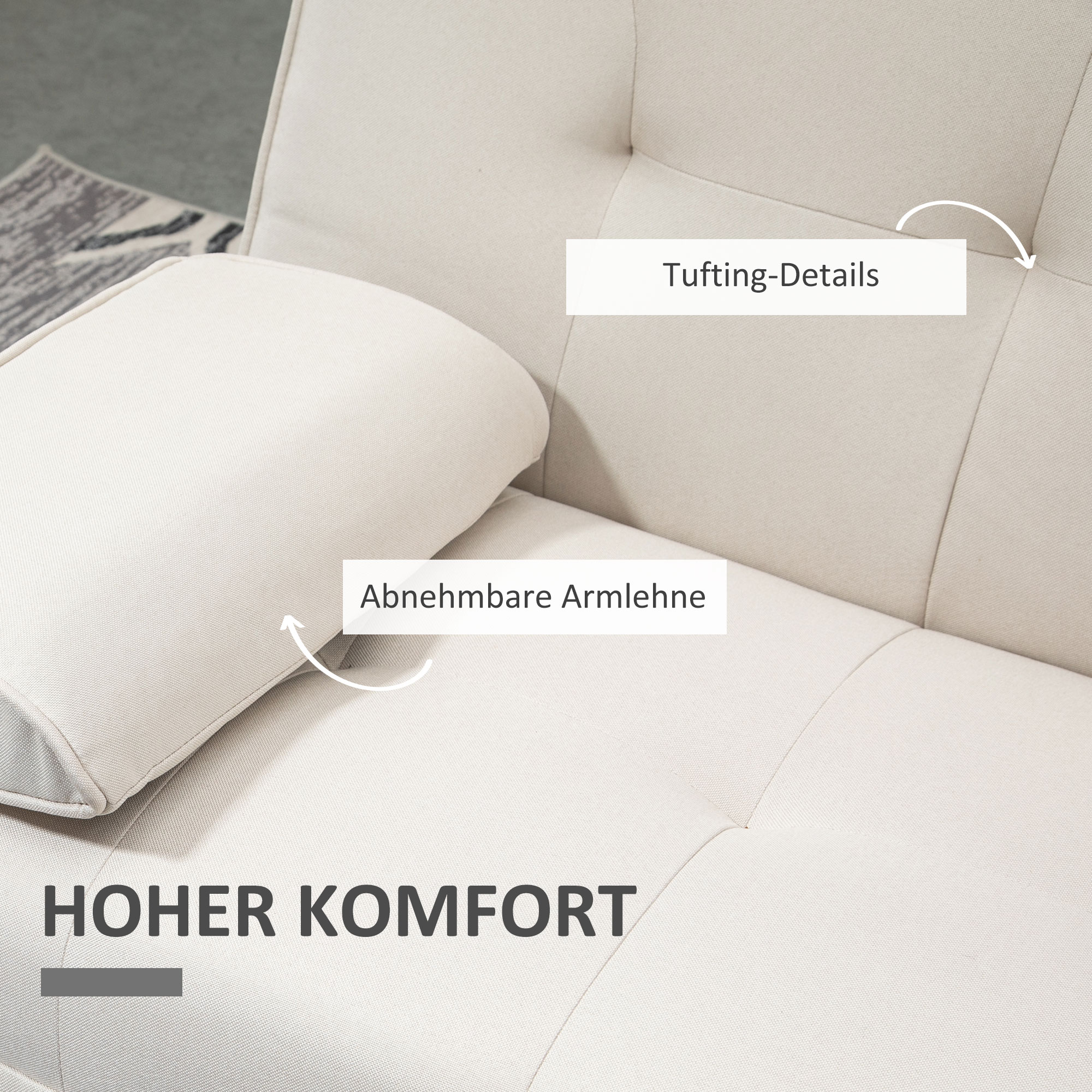 Beiges Sofa mit Steppdetails und abnehmbarer Armlehne. Text: „HOHER KOMFORT“.