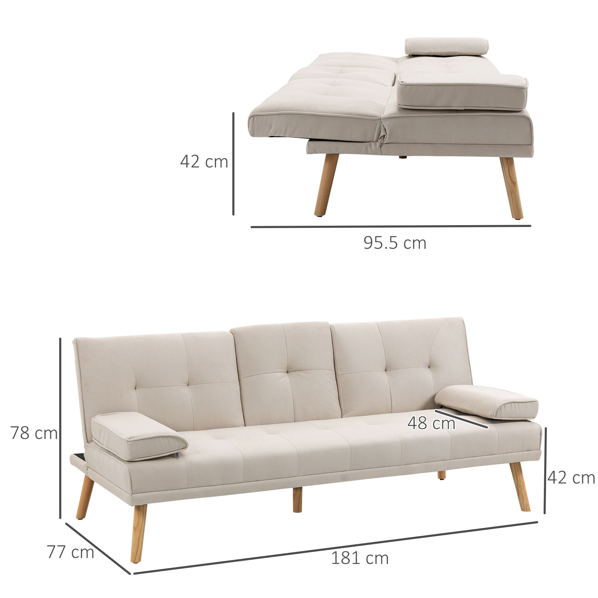 Beiges Sofa mit Abmessungen. Das Sofa befindet sich in gefalteter und offener Position.