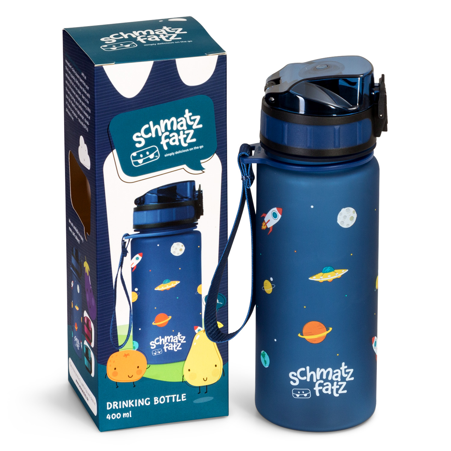 Blaue Wasserflasche mit Weltraum-Design, mit Schachtel, auf weißem Hintergrund.