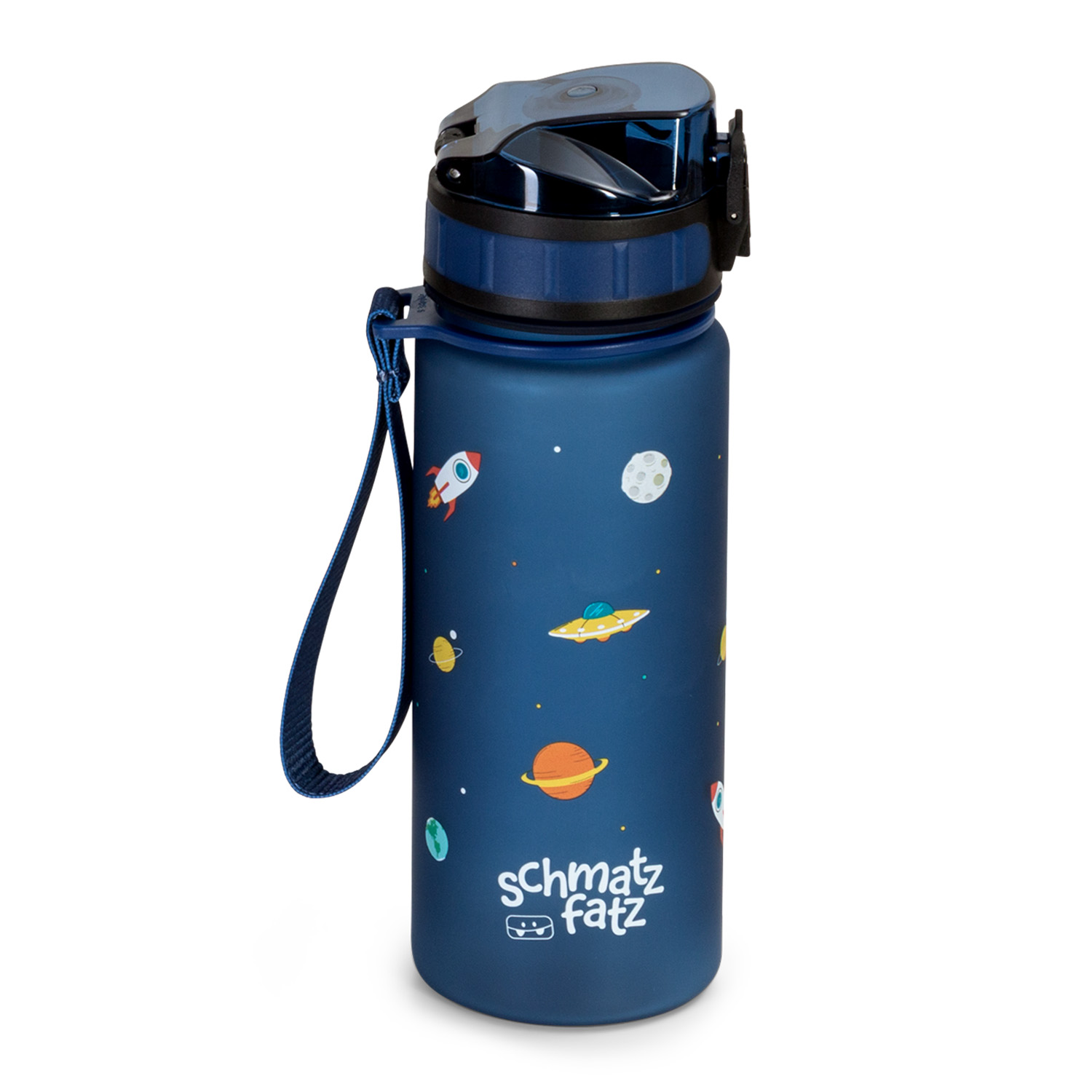 Blaue Wasserflasche mit Weltraum-Aufklebern. Rakete, Planeten und eine fliegende Untertasse. Schwarzer Deckel.