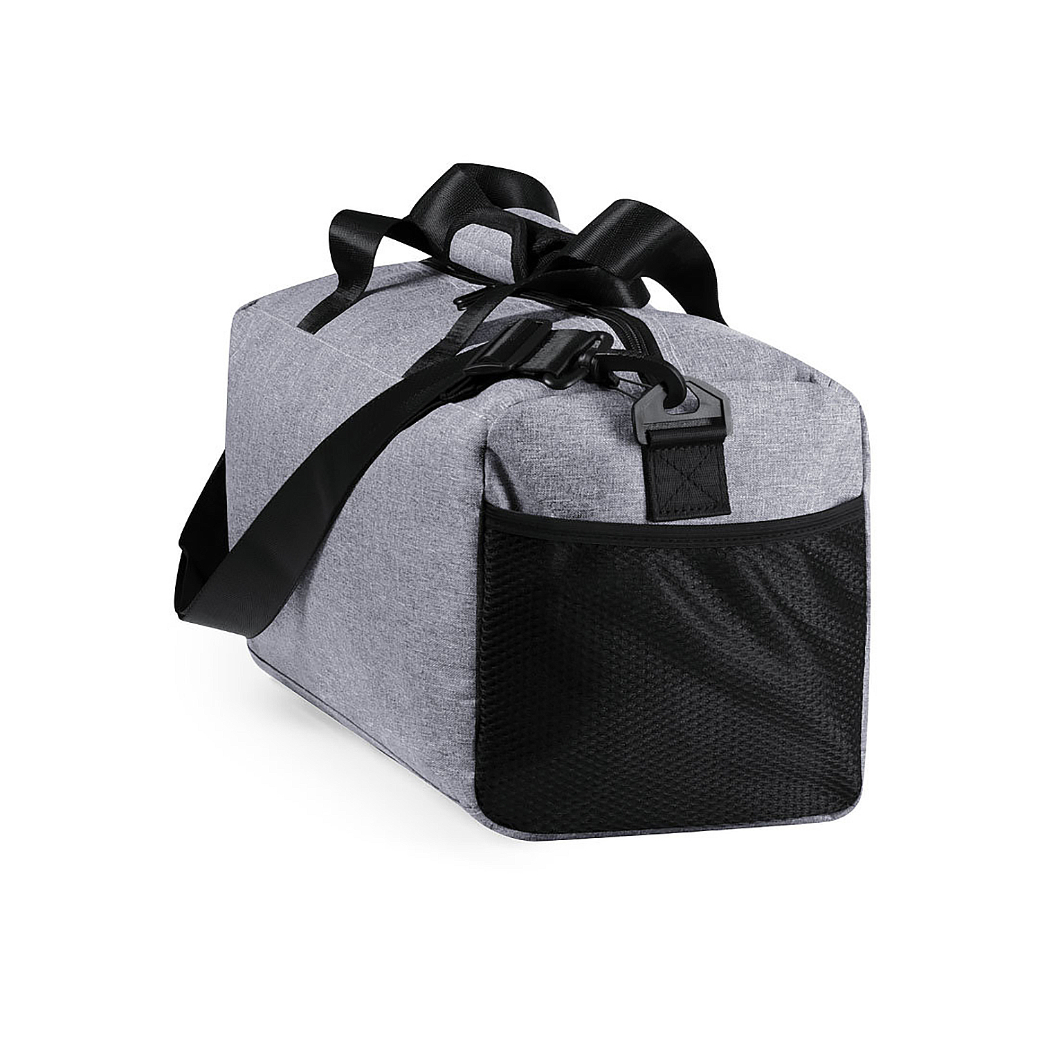 Bolsa de lona gris con correas negras y bolsillo de malla, fondo blanco.