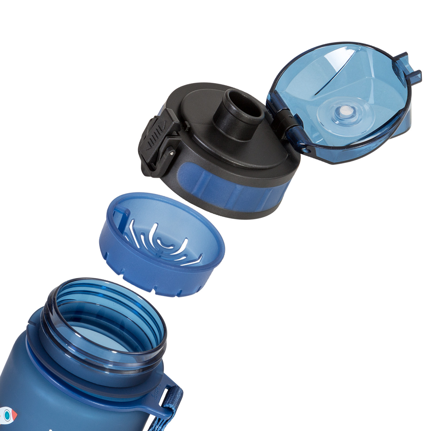 Blaue Wasserflaschenteile auf weißem Hintergrund zerlegt. Deckel, Filter und Flaschenkörper gezeigt.