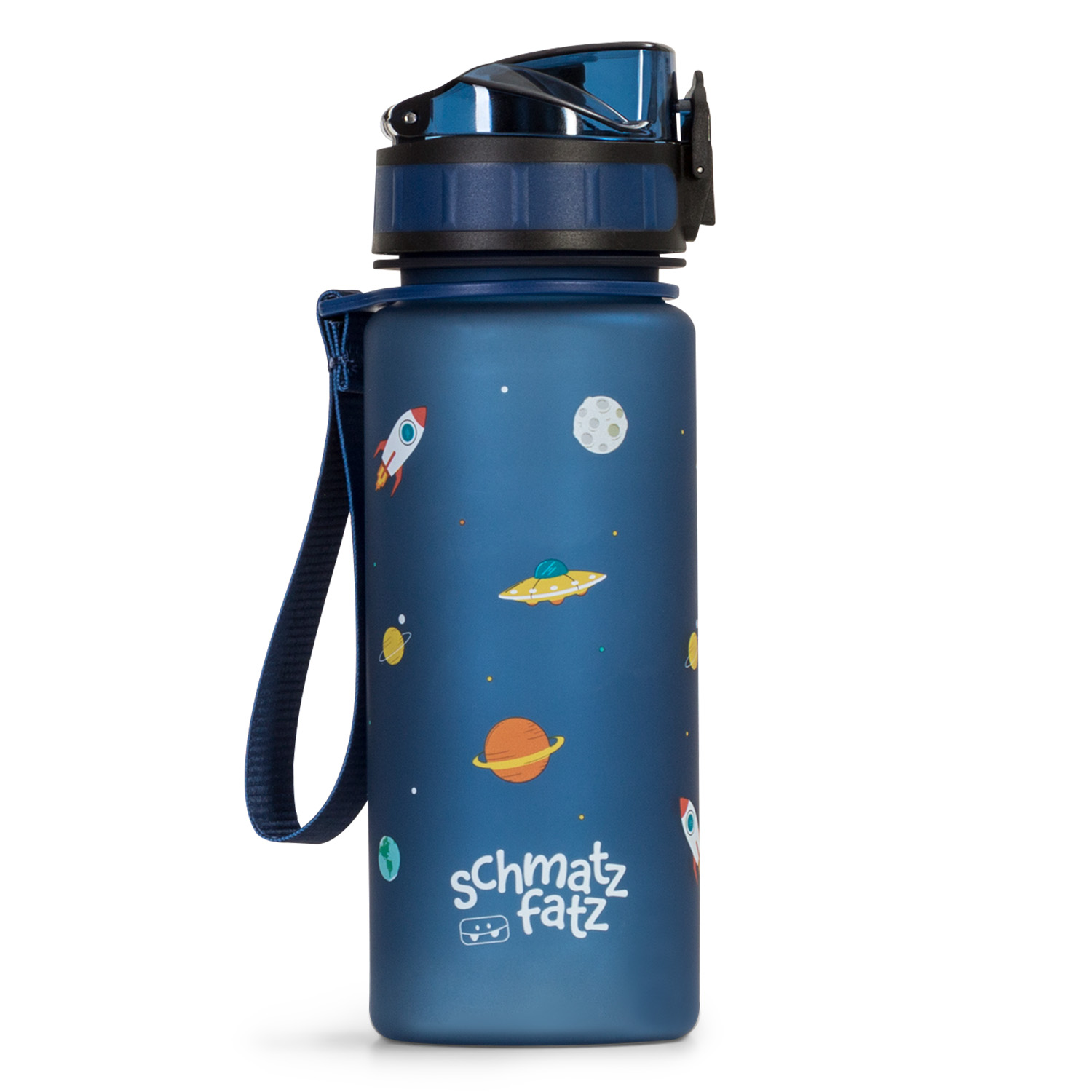 Blaue Wasserflasche. Weltraum-Aufkleber. Rakete, Planeten und fliegende Untertasse. Schwarzer Deckel.