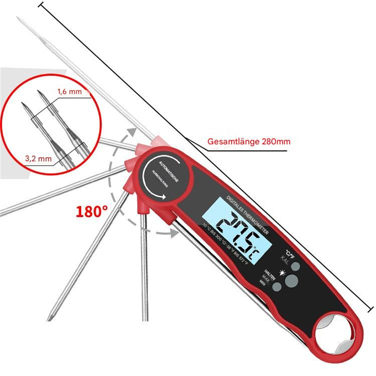 Produktbild von Digitales Fleischthermometer Mit Sofortanzeige – Spitze Nadel, Großes LCD, IP66 Wasserdicht, Max/Min-Funktion