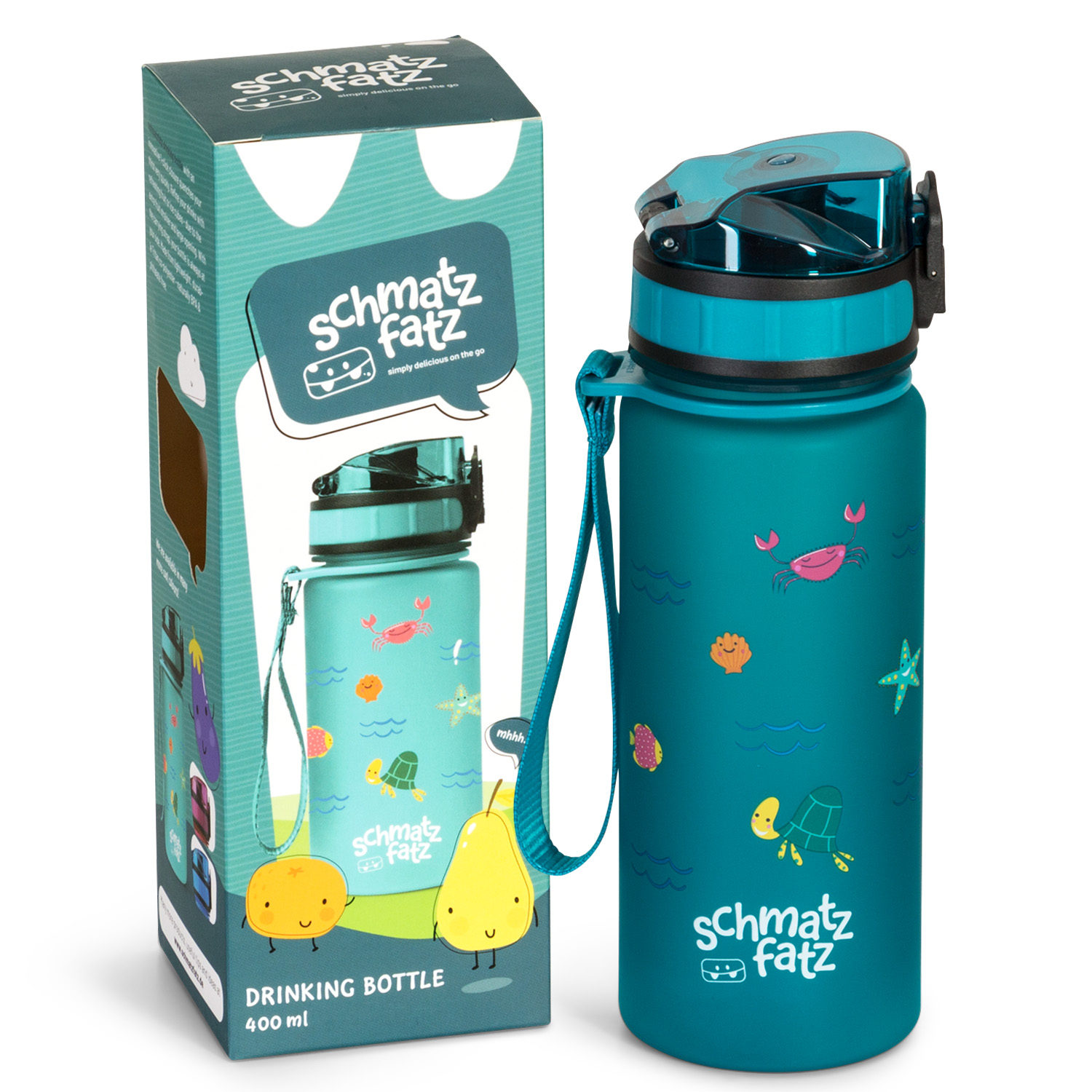 Türkisfarbene Wasserflasche mit Meeresmotiven und eine passende Box mit Cartoon-Charakter.