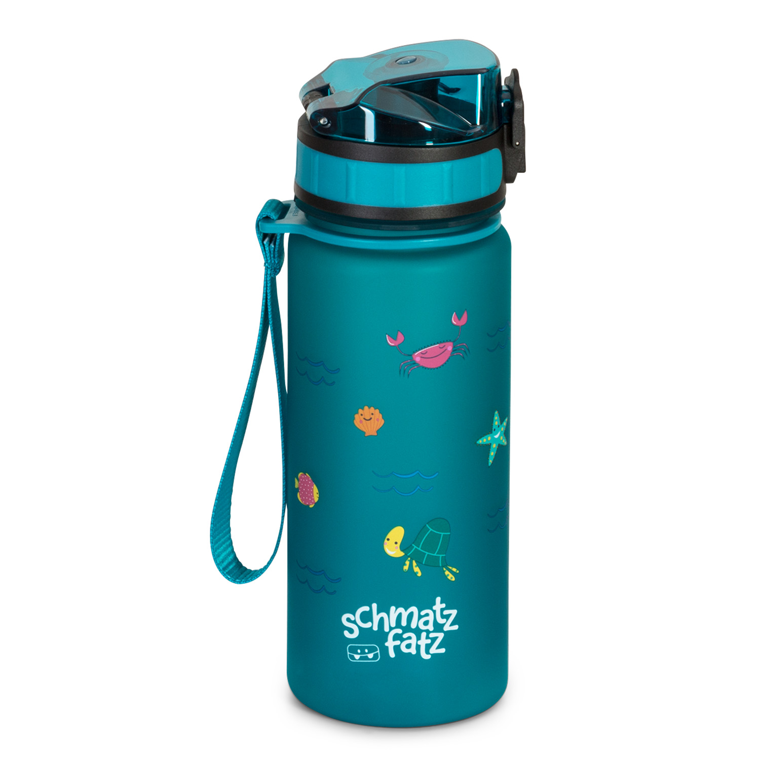 Türkisfarbene Wasserflasche mit Meeresbewohner-Illustrationen und einem schwarzen Klappdeckel.