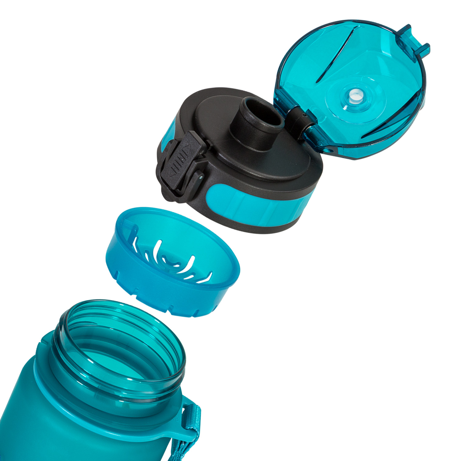 Wasserflaschenteile zerlegt: Flasche, Deckel und blaues Innenteil.