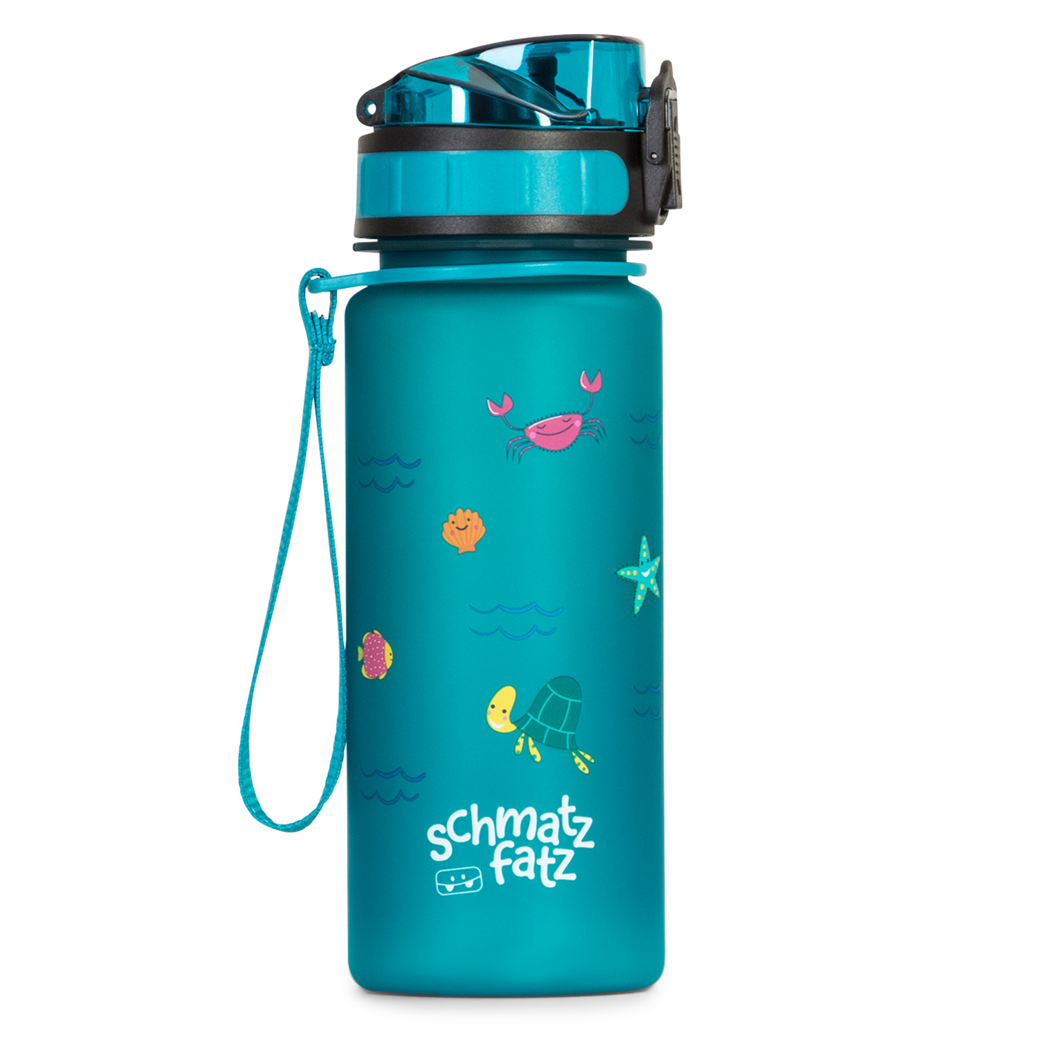 Türkisfarbene Wasserflasche mit Meeresmotiven: Krebs, Seestern, Schildkröte und Fisch.