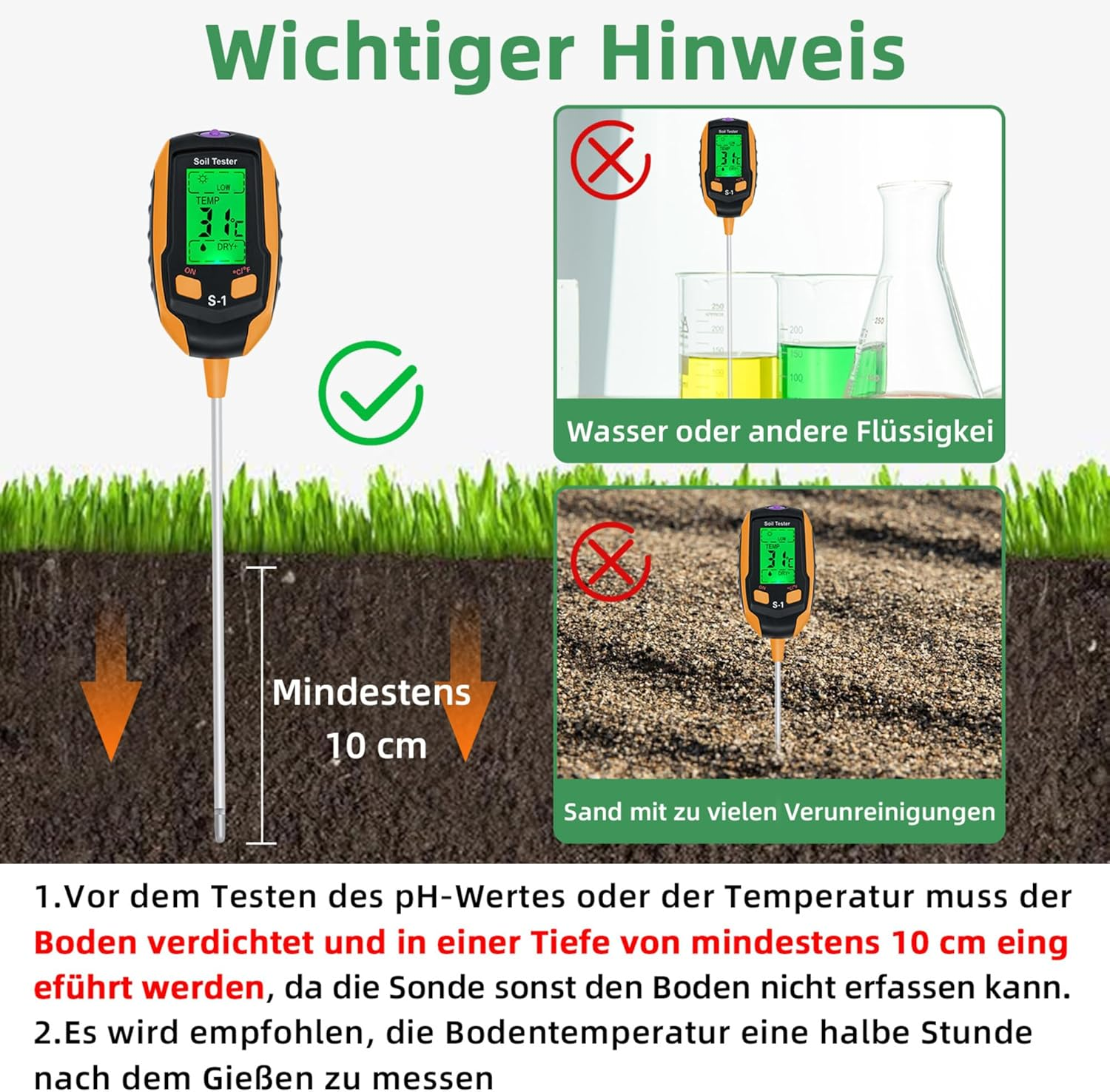 Lehrbild eines Bodentesters. Zeigt die richtige und falsche Verwendung sowie die Einführtiefe.