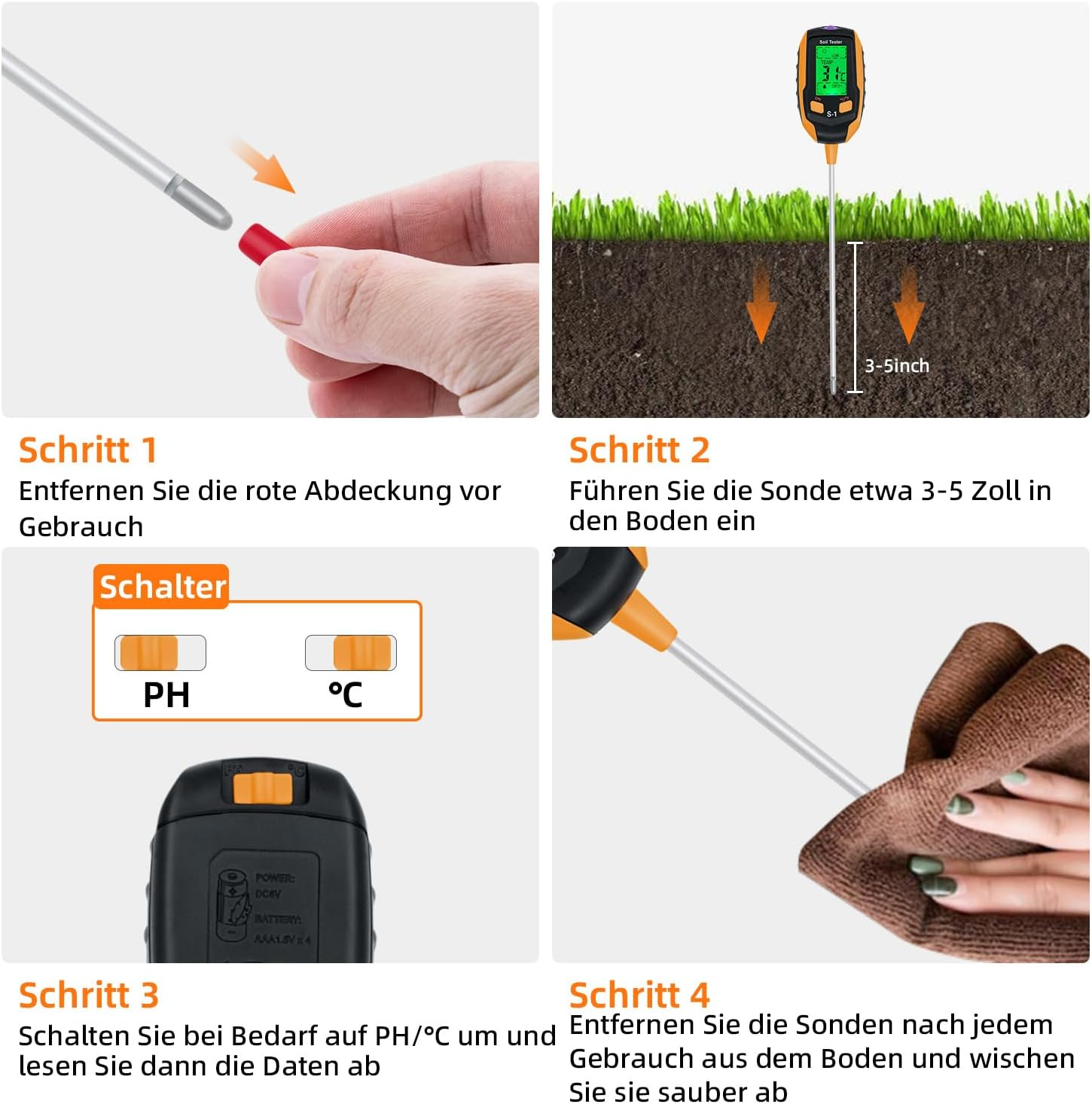 Schritt-für-Schritt-Anleitung zur Verwendung eines Bodentesters, einschließlich Kappenentfernung und Sondenreinigung.