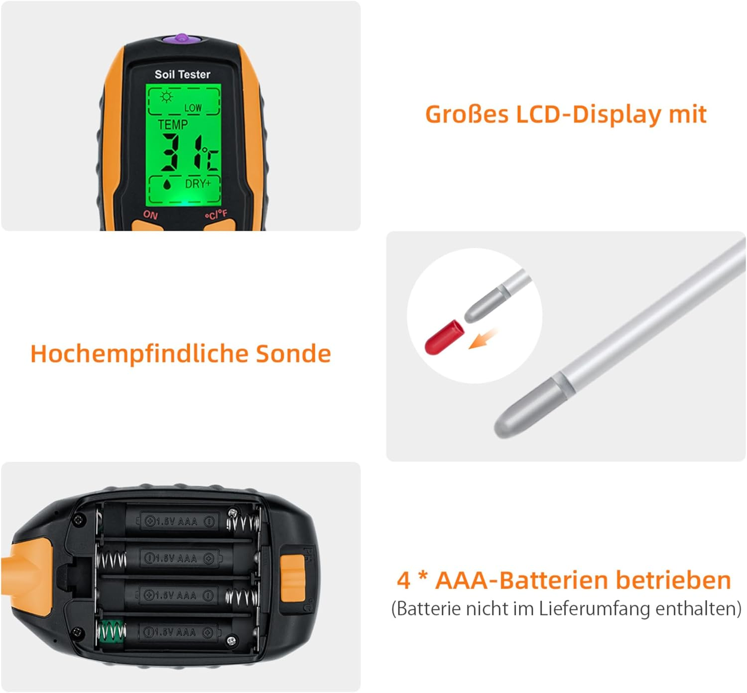 Nahaufnahme eines Bodentesters, der die Komponenten zeigt: LCD-Anzeige, Sonde, Batteriefach.