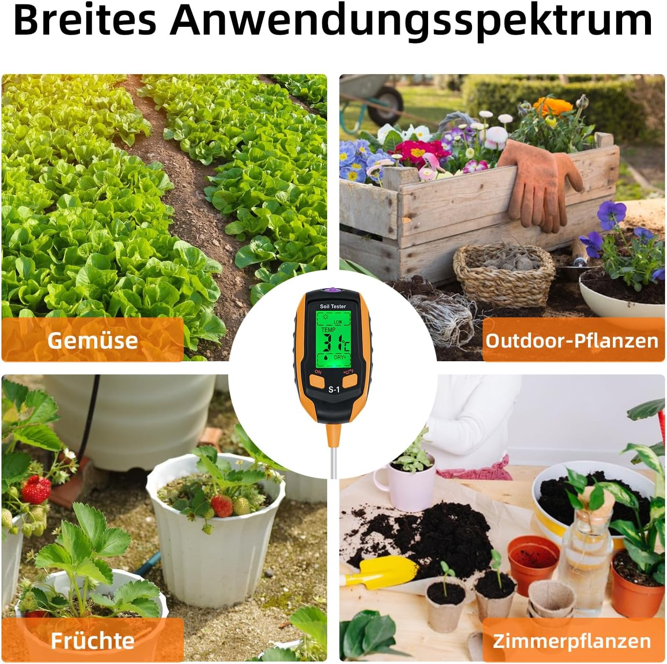 Bild zeigt verschiedene Anwendungen eines Bodentesters in Gärten und Zimmerpflanzen.
