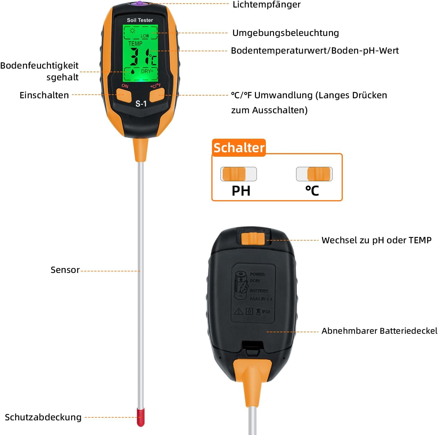 Ein digitales Bodentestgerät mit langer Sonde und orange-schwarzem Gehäuse.