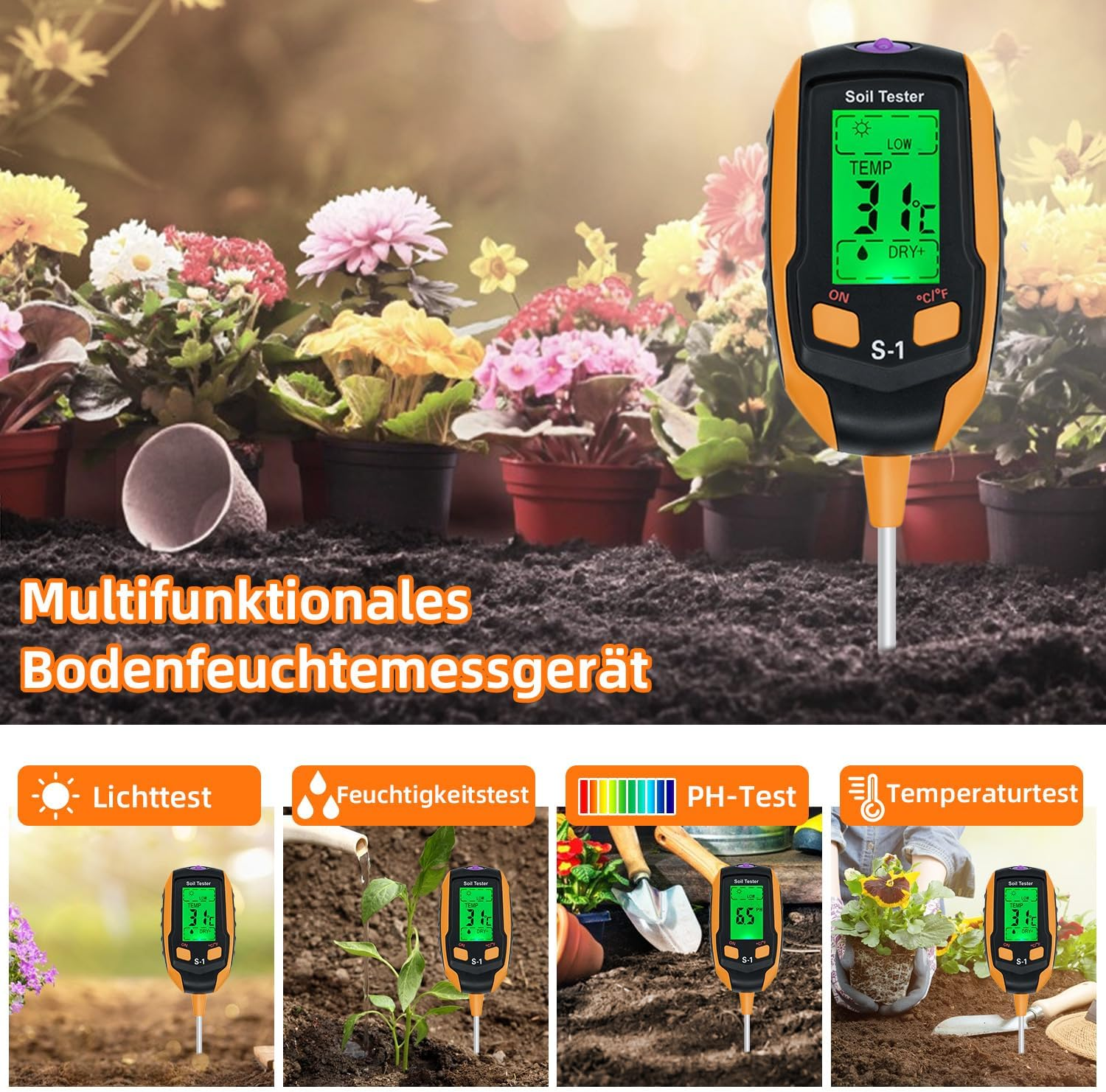 Bodentester misst Licht, Feuchtigkeit, pH-Wert und Temperatur. Er wird in verschiedenen Szenarien verwendet.
