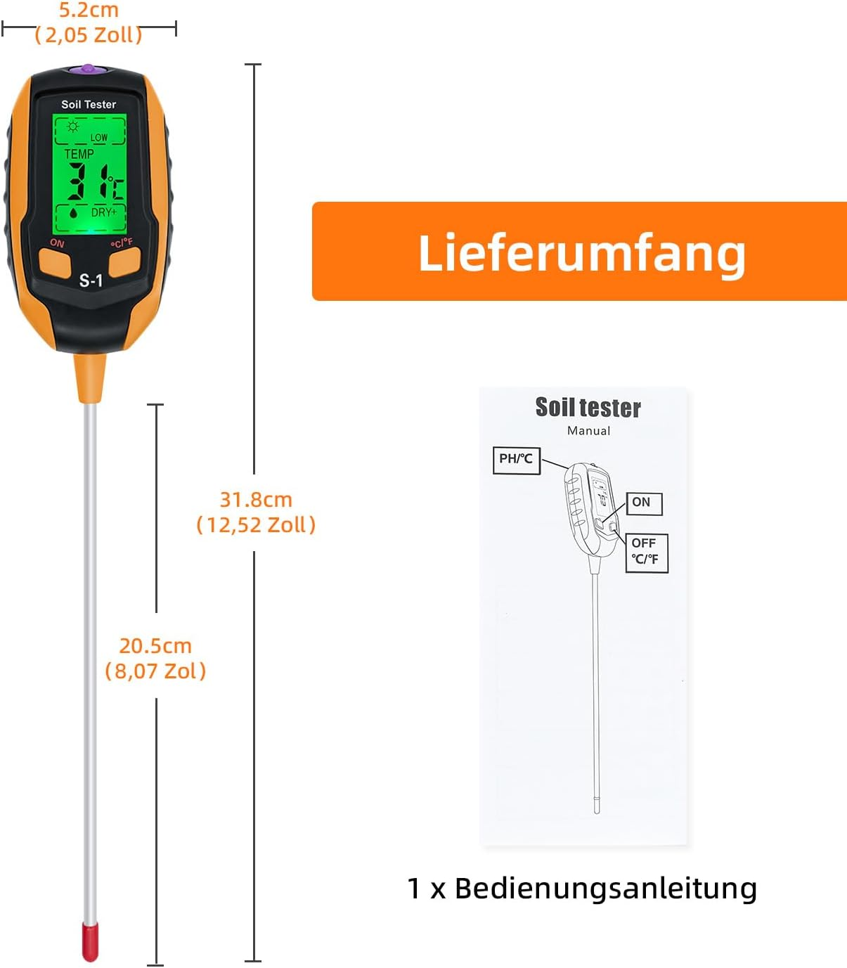 Bodentester mit Display und Sonde. Er zeigt Messwerte an, und Abmessungen sind dargestellt.