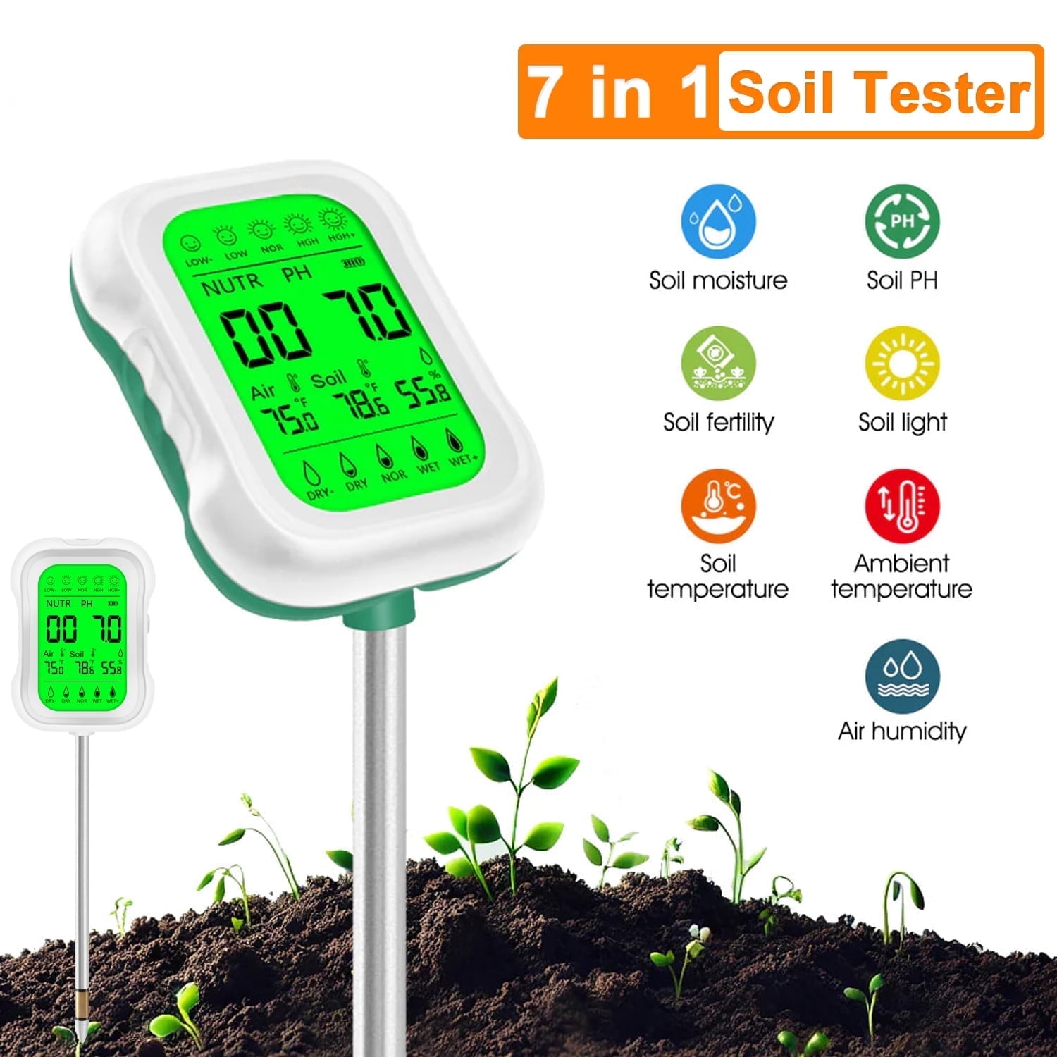 Bodentester mit Display, misst Bodenfeuchtigkeit, PH, Fruchtbarkeit, Licht, Temperatur, Umgebungstemperatur und Feuchtigkeit.
