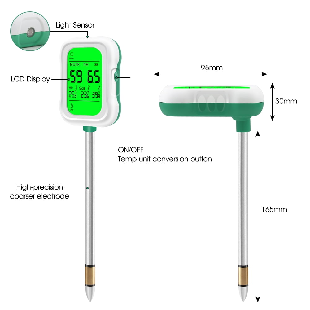 Bodentester mit Anzeige von Messwerten. Er hat ein Display und eine Sonde. Abmessungen und Knöpfe.