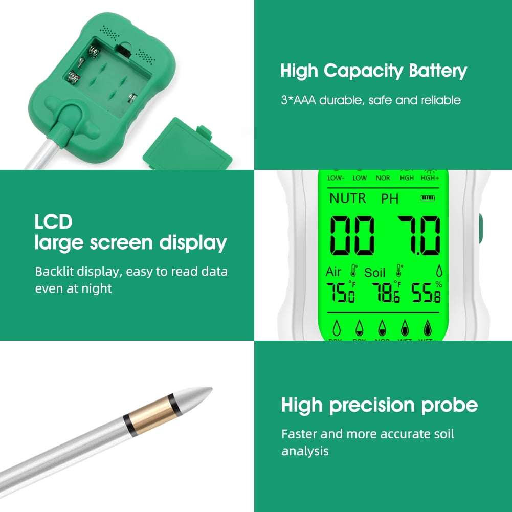 Nahaufnahme eines Bodentesters mit Batteriefach, LCD-Bildschirm und Sonde, Hervorhebung der Gerätefunktionen.