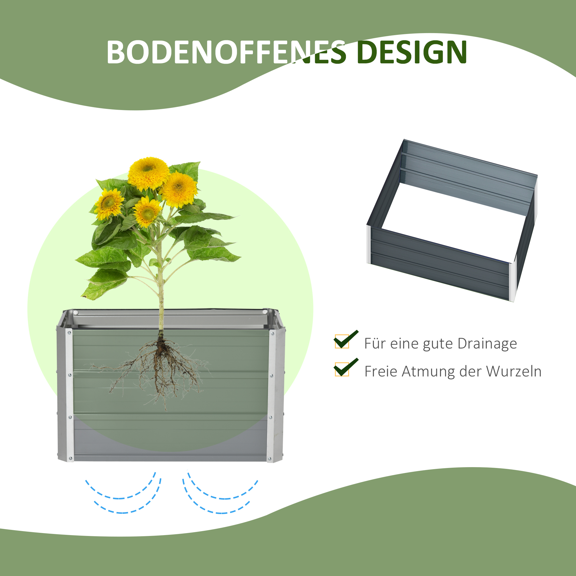 Erhöhtes Gartenbeet aus Metall mit einer darin wachsenden Pflanze, Betonung von guter Drainage und Wurzellüftung.