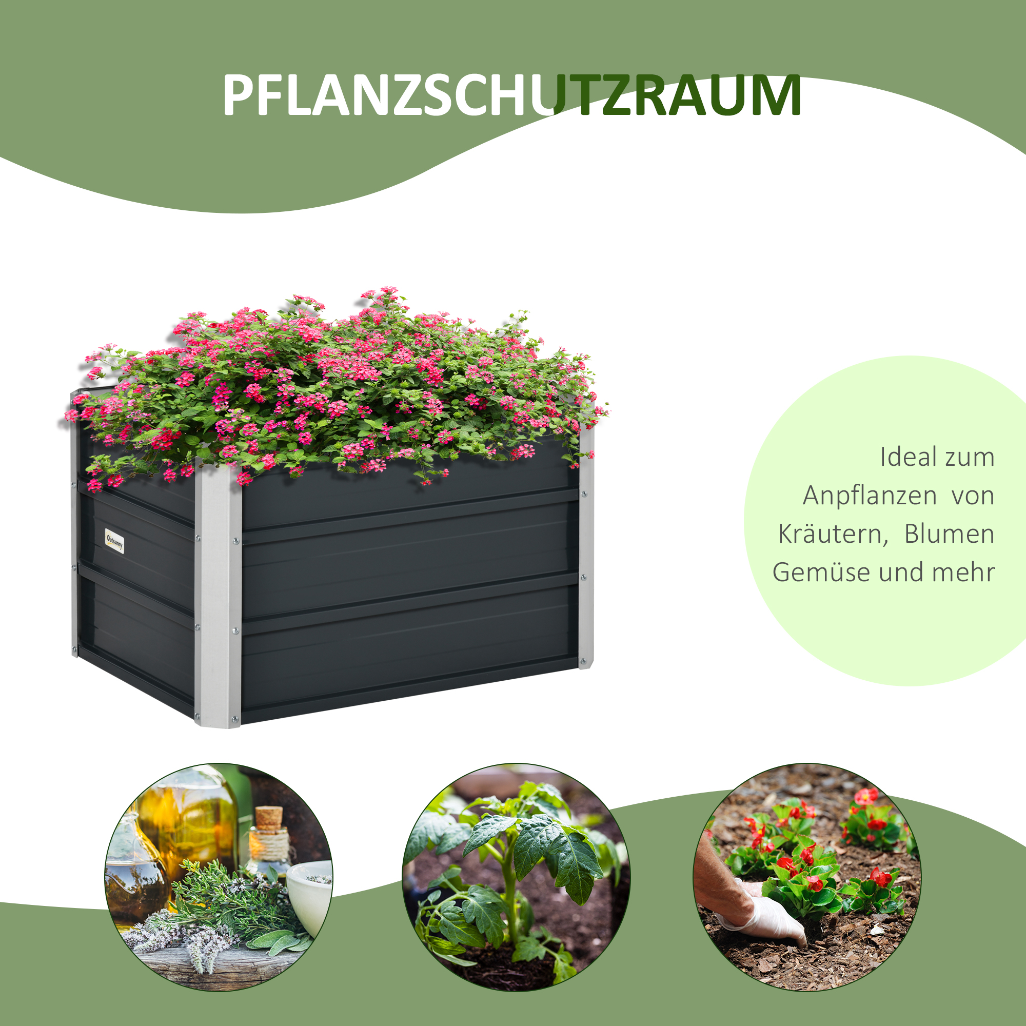 Pflanzkübel mit rosa Blumen, mit Bildern von Kräutern, Tomatenpflanzen und Blumen darum herum.