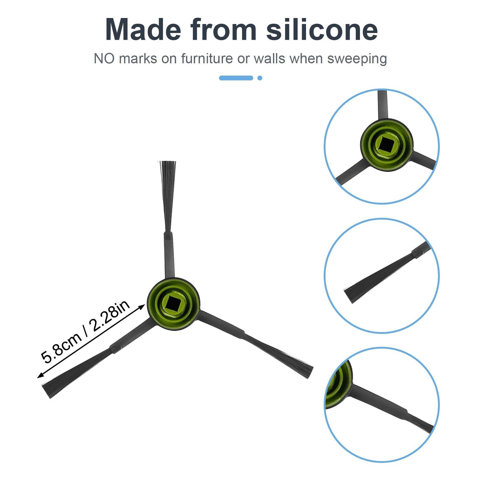 Silikon-Staubsaugerbürste mit Abmessungen, plus drei zusätzliche Produktdetailbilder.