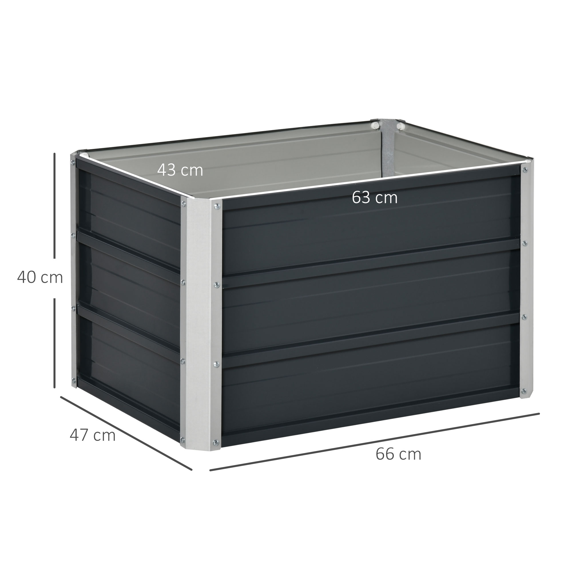 Ein dunkelgraues, erhöhtes Gartenbeet aus Metall mit den Maßen 40x47x66cm. Weiße Metallecken sind vorhanden.