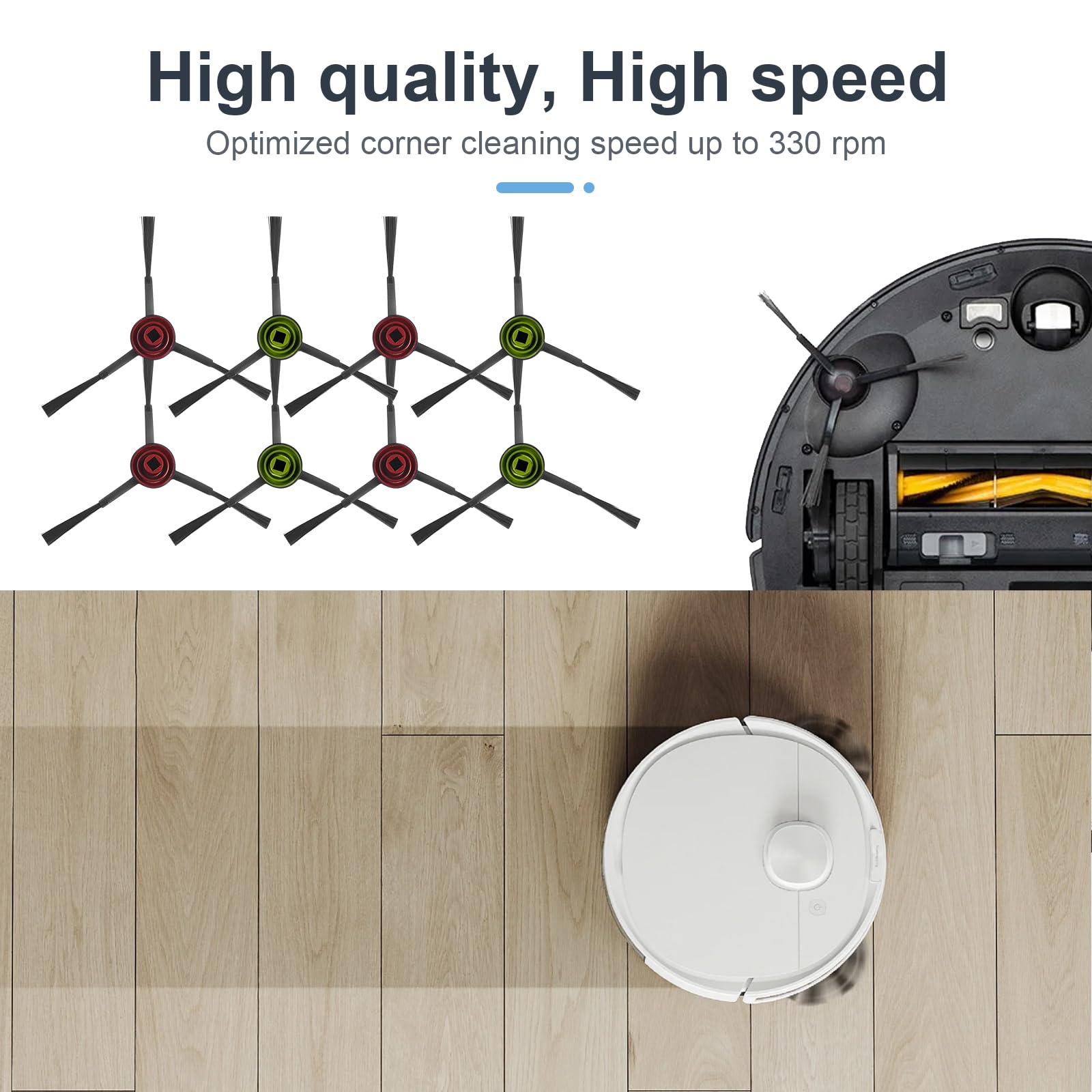 Ein Roboter-Staubsauger und Ersatzteile. Der Roboter steht auf einem Holzboden, die Teile darüber.