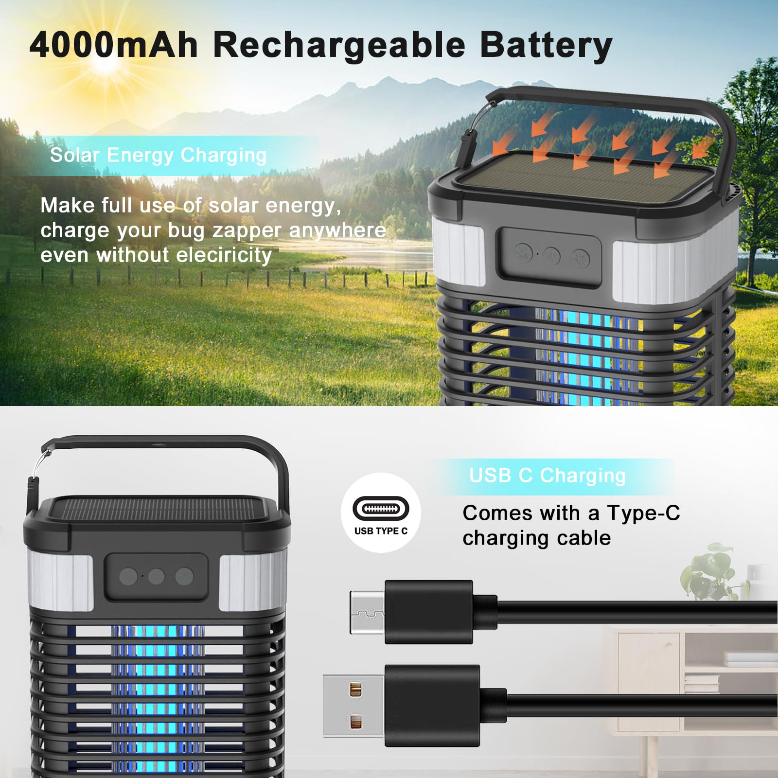 Schwarzer Insektenvernichter mit Solarpanel, Ladekabel und 4000mAh Akku, vor natürlichem Hintergrund.
