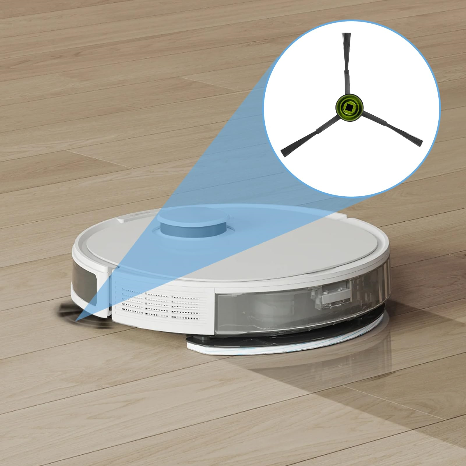 Roboter-Staubsauger auf Holzboden. Hervorgehobener Bürstenbereich im Kreis. Zeigt das Bürstendesign.