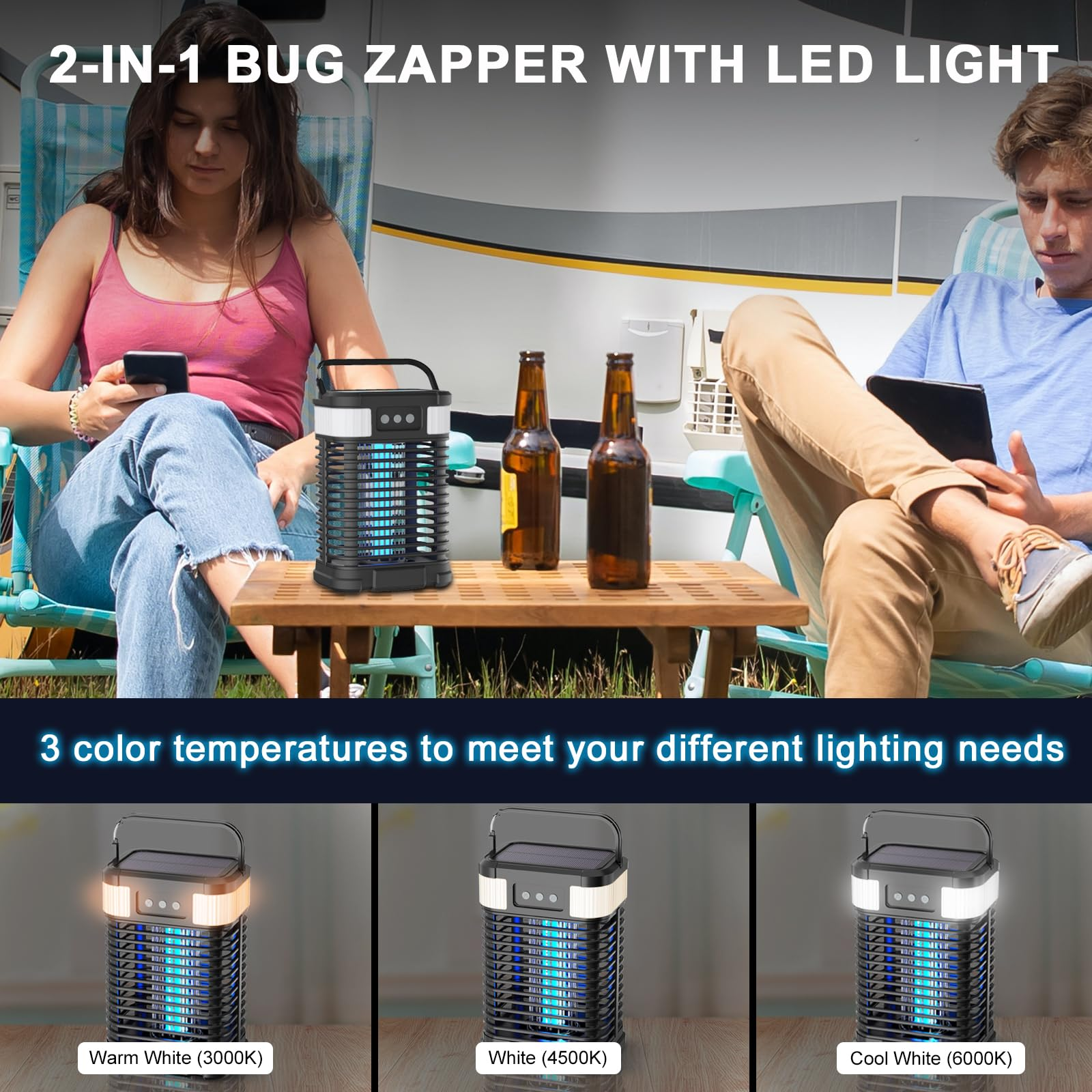 Zwei Personen mit Insektenvernichter, zwei Flaschen und drei Lichtfarboptionen, warm, weiß und kühl.