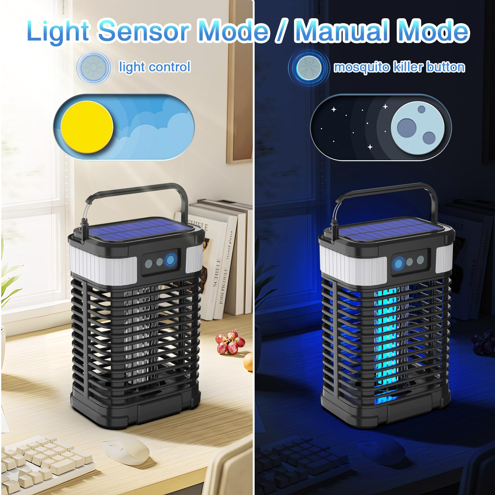 Mückenkillerlampe mit Lichtsensor und manuellen Modi. Sie hat ein schwarz-weißes Design mit Griff.