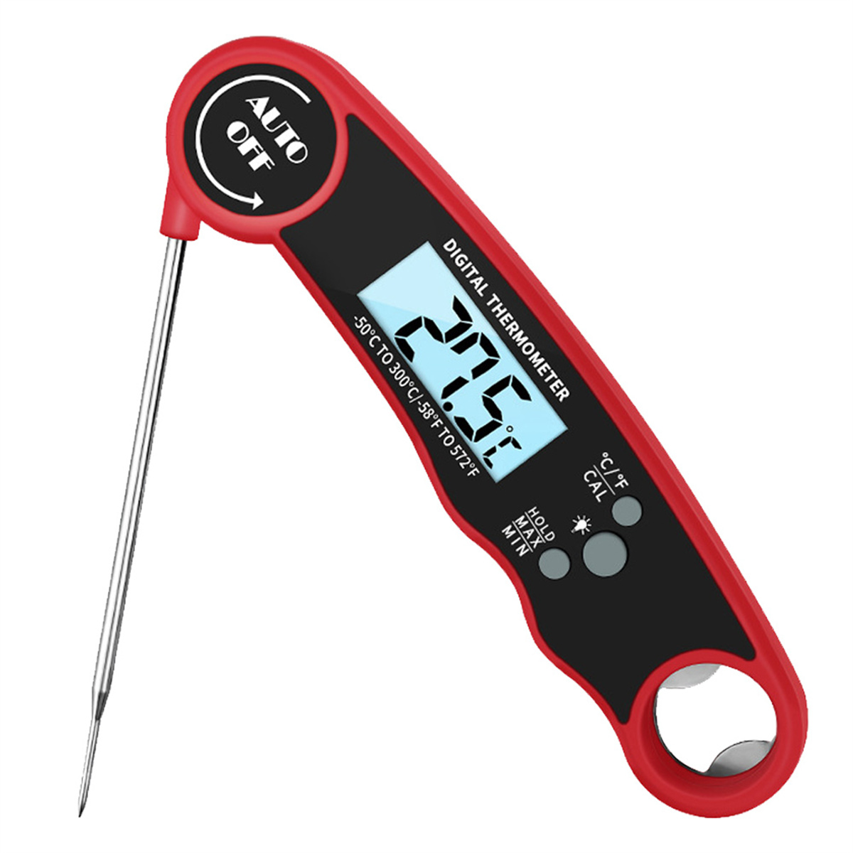 Ein rot-schwarzes digitales Fleischthermometer. Es zeigt 27,5°C an. Es verfügt über eine automatische Abschaltfunktion.