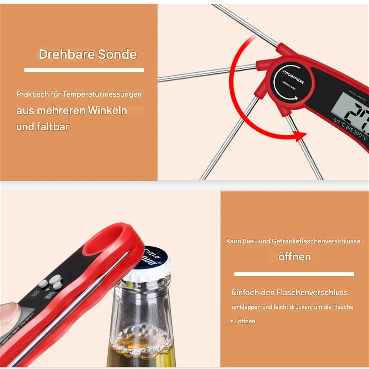 Digitales Thermometer mit rotem Griff, zeigt auch einen Flaschenöffner.