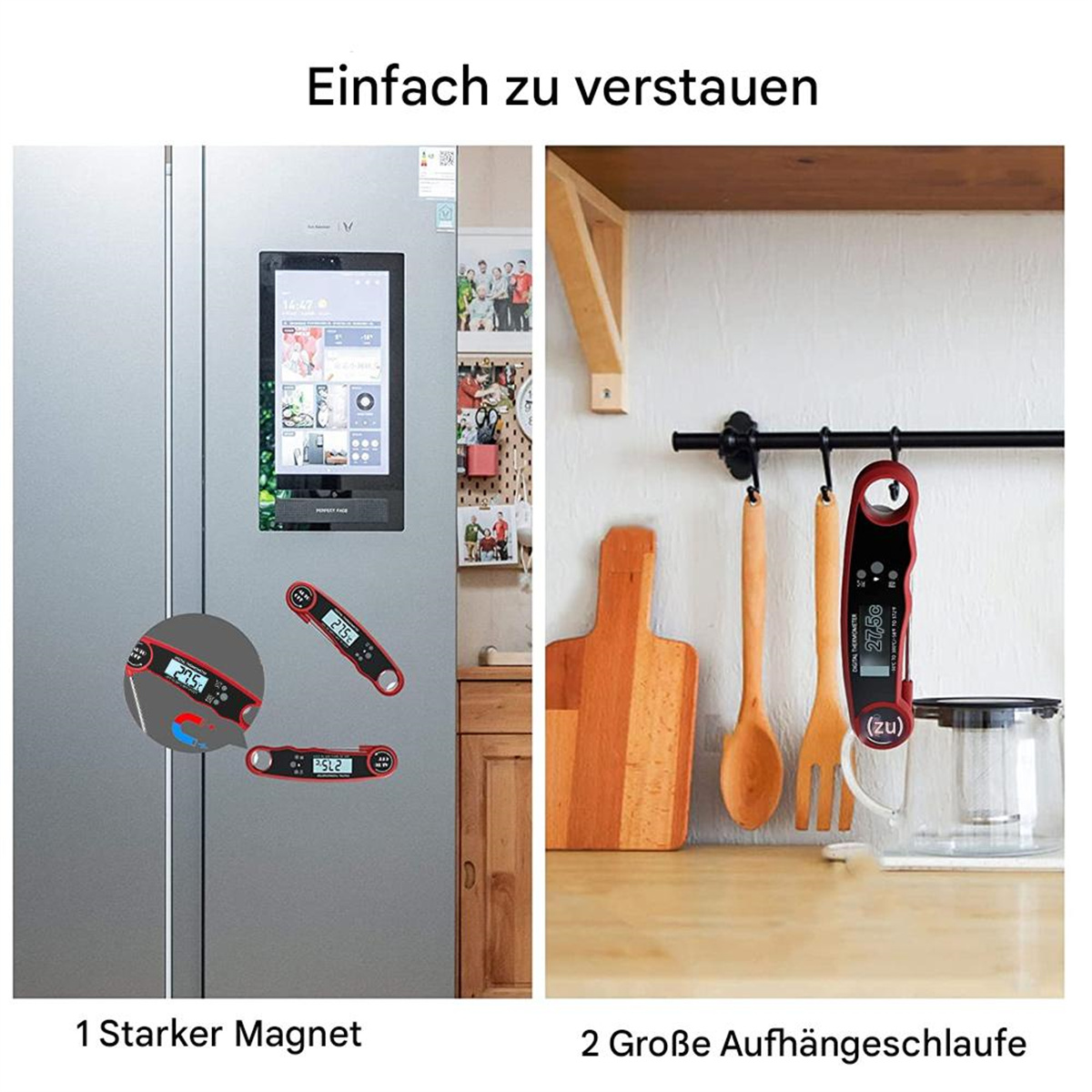 Zwei Bilder zeigen einen Kühlschrank mit Thermometern und Küchenutensilien. Die Thermometer sind rot und digital.