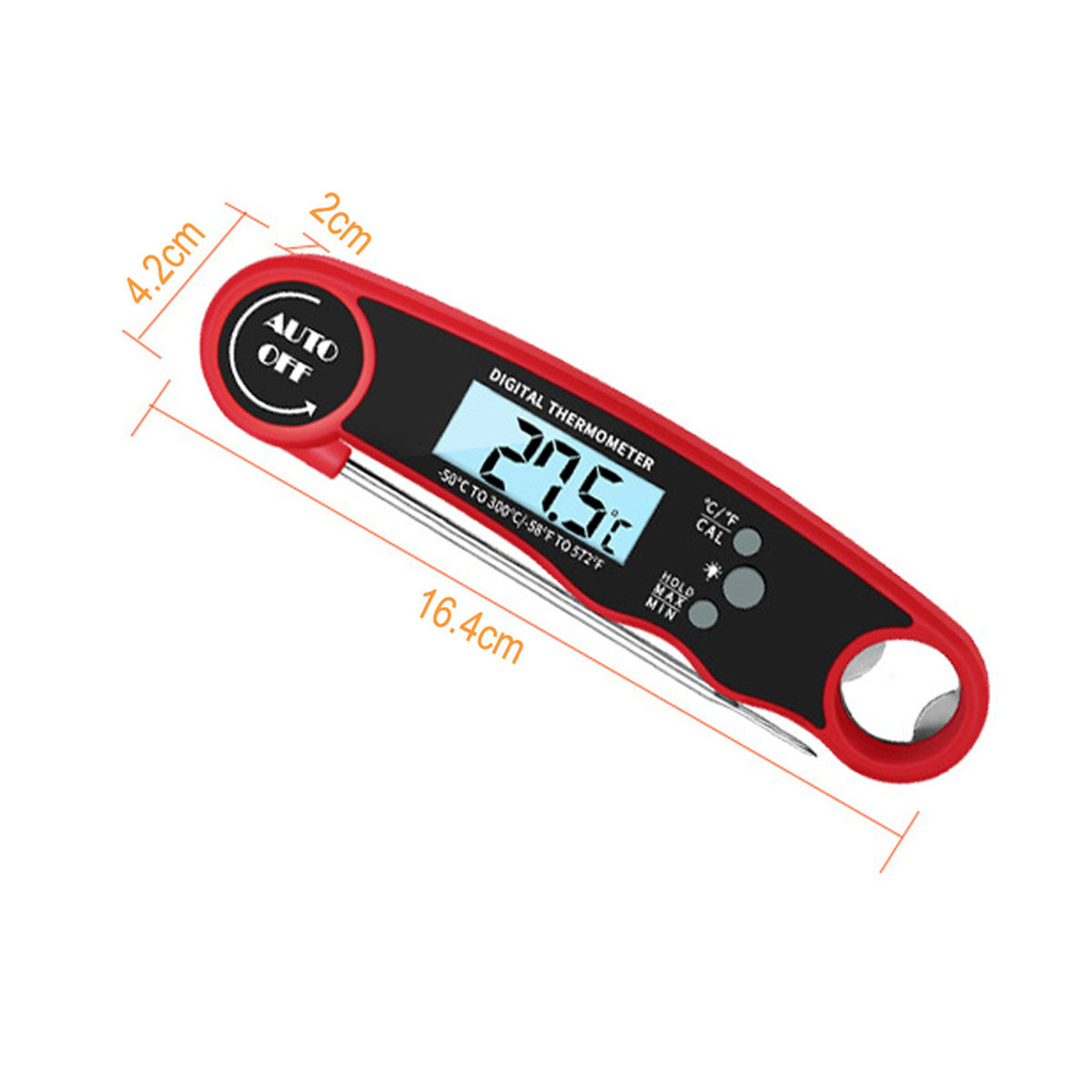 Ein rotes digitales Thermometer mit beschrifteten Abmessungen. Die Temperaturanzeige ist 27,5.