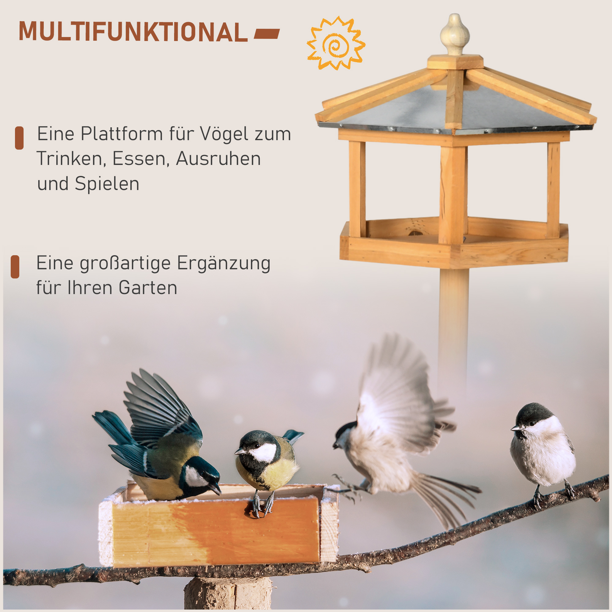 Ein Vogelfutterhaus auf einem Ständer, mit Vögeln auf einem Ast. Der Hintergrund hat einen verschneiten Look.