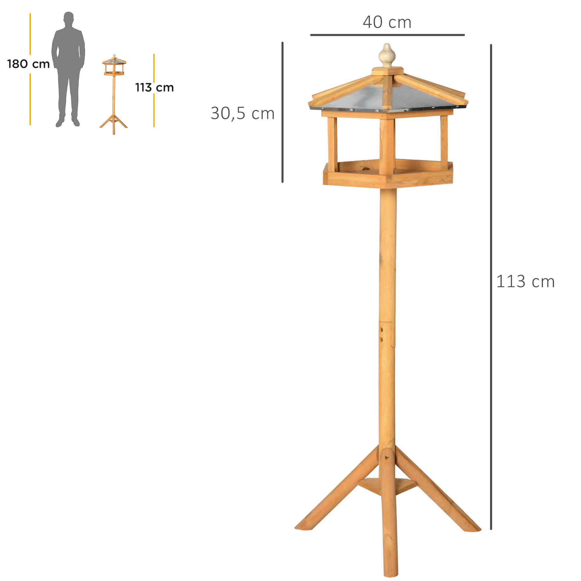 Ein Vogelfutterhaus aus Holz mit beschrifteten Abmessungen neben einer Silhouette eines Mannes.