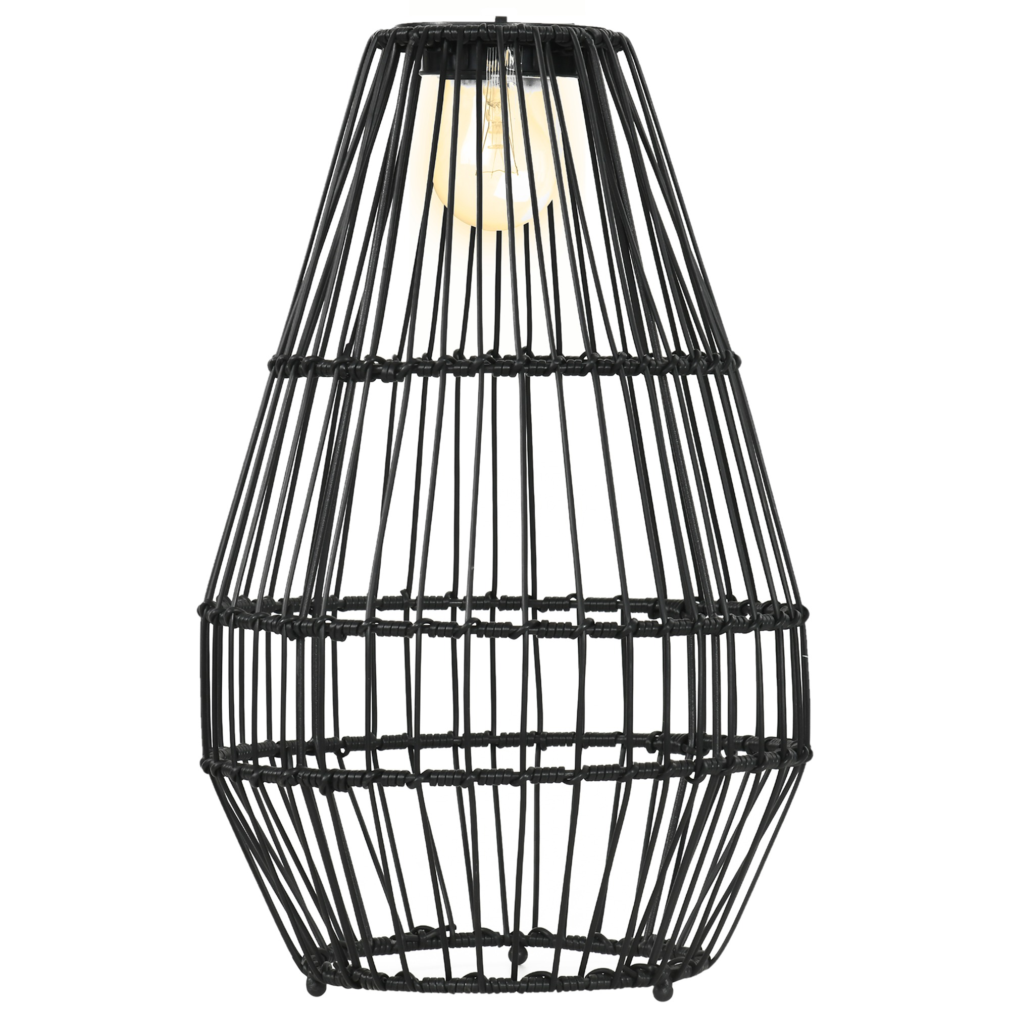 Eine schwarze, gewebte, tropfenförmige Lampe mit einer Glühbirne darin. Der Hintergrund ist weiß.