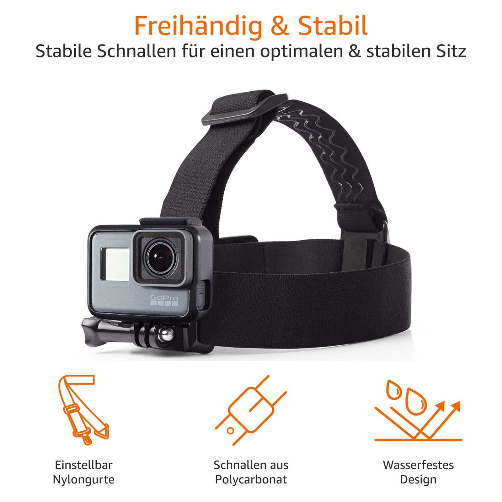 Eine GoPro-Kamera an einem Kopfband befestigt. Es gibt Symbole für verstellbare Riemen, Polycarbonat-Schnallen und Wasserbeständigkeit.