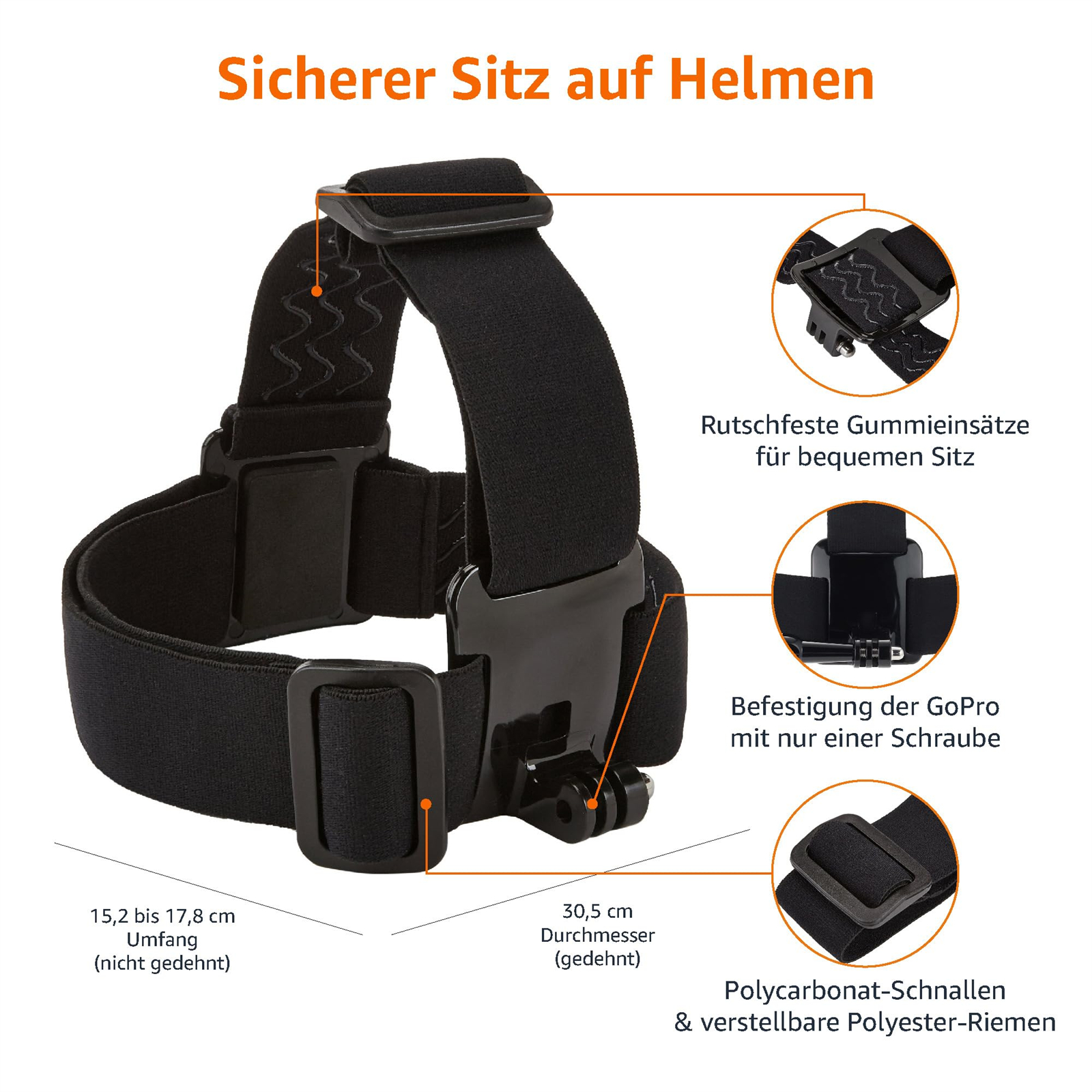 Schwarzes Kopfband mit GoPro-Halterung, Details der Gurte und des Sicherungssystems.