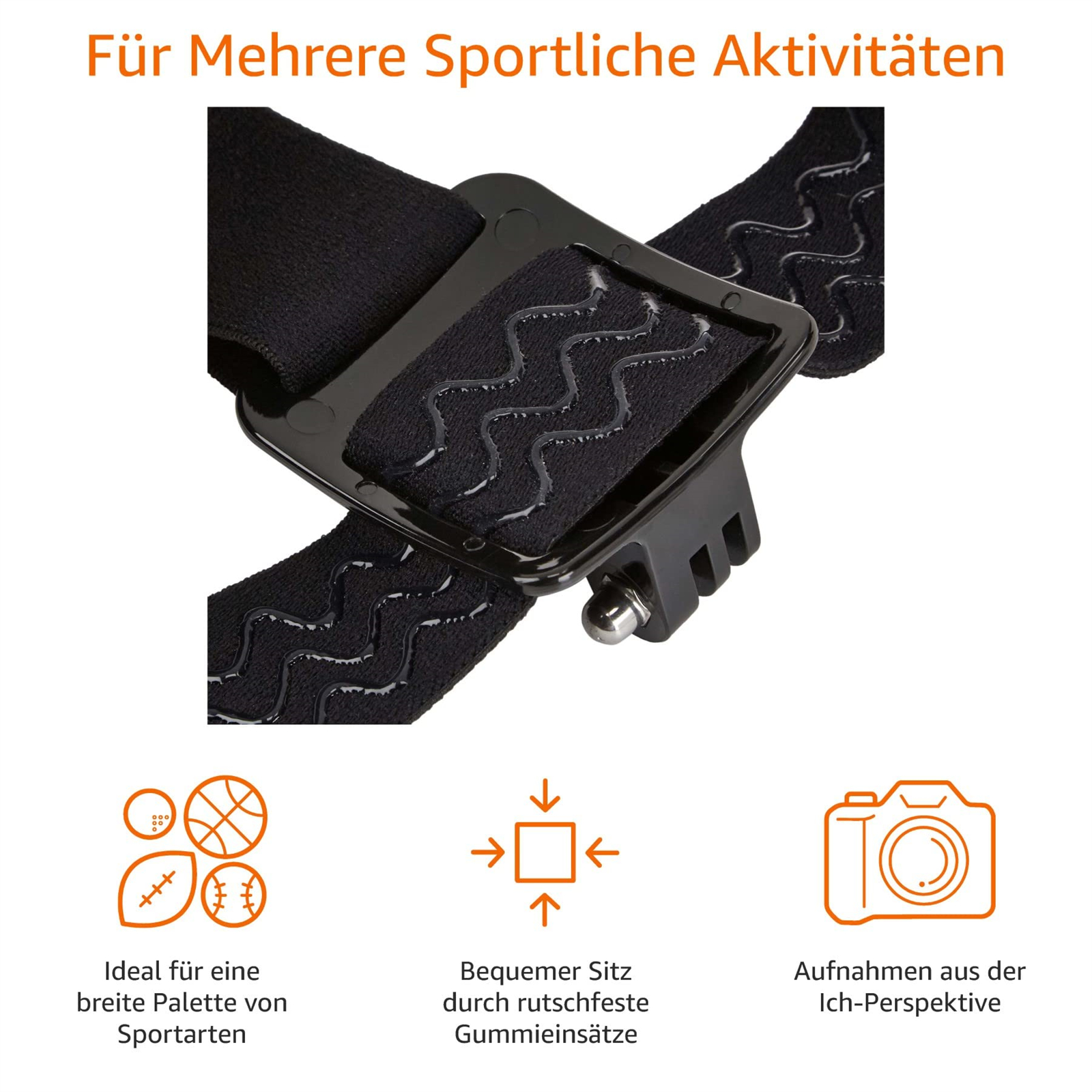 Schwarzer Brustgurt mit Schnalle und Pfeilen, mit Symbolen für Sportaktivitäten.