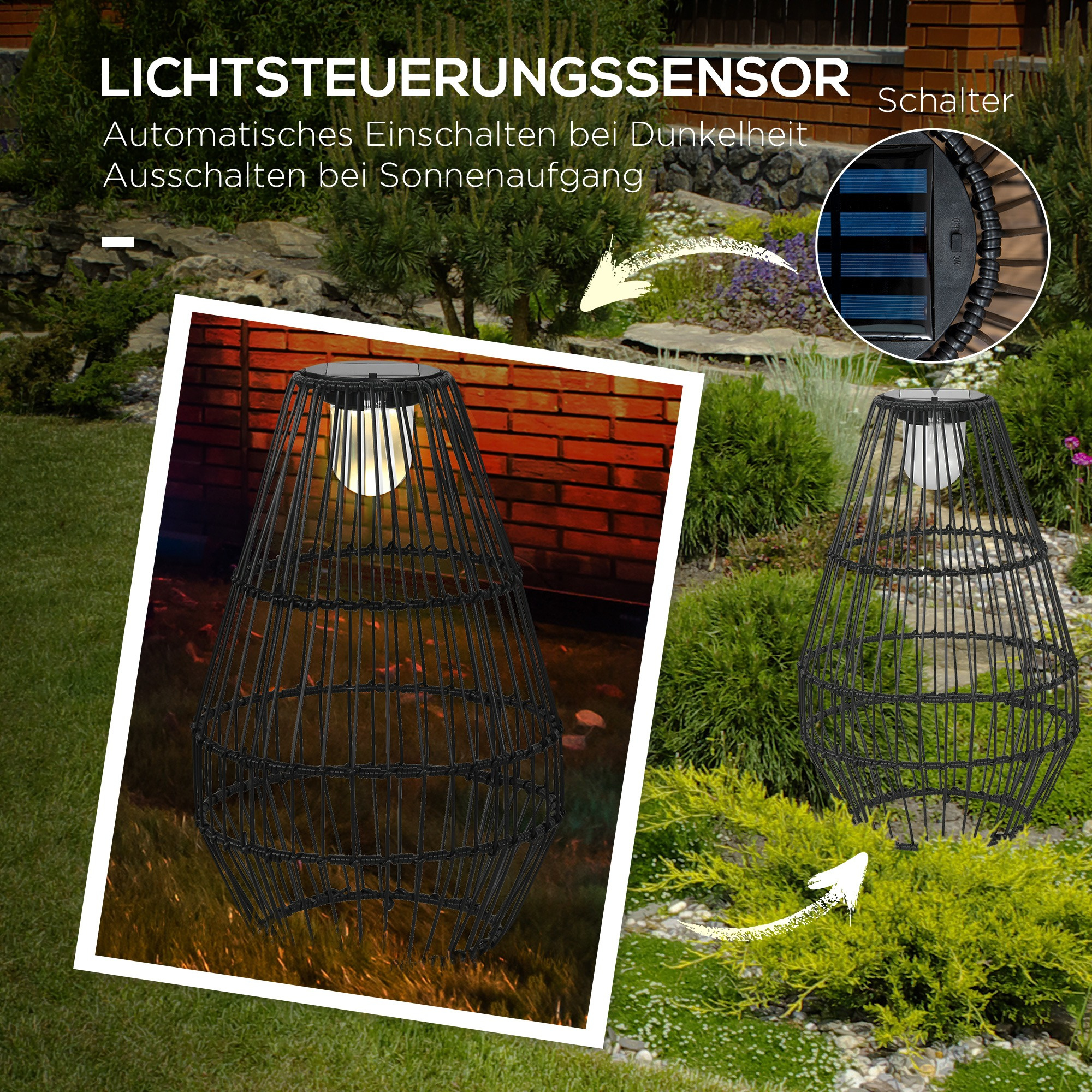 Zwei schwarze Solarleuchten in einem Garten. Die Lampen haben ein Käfigdesign.