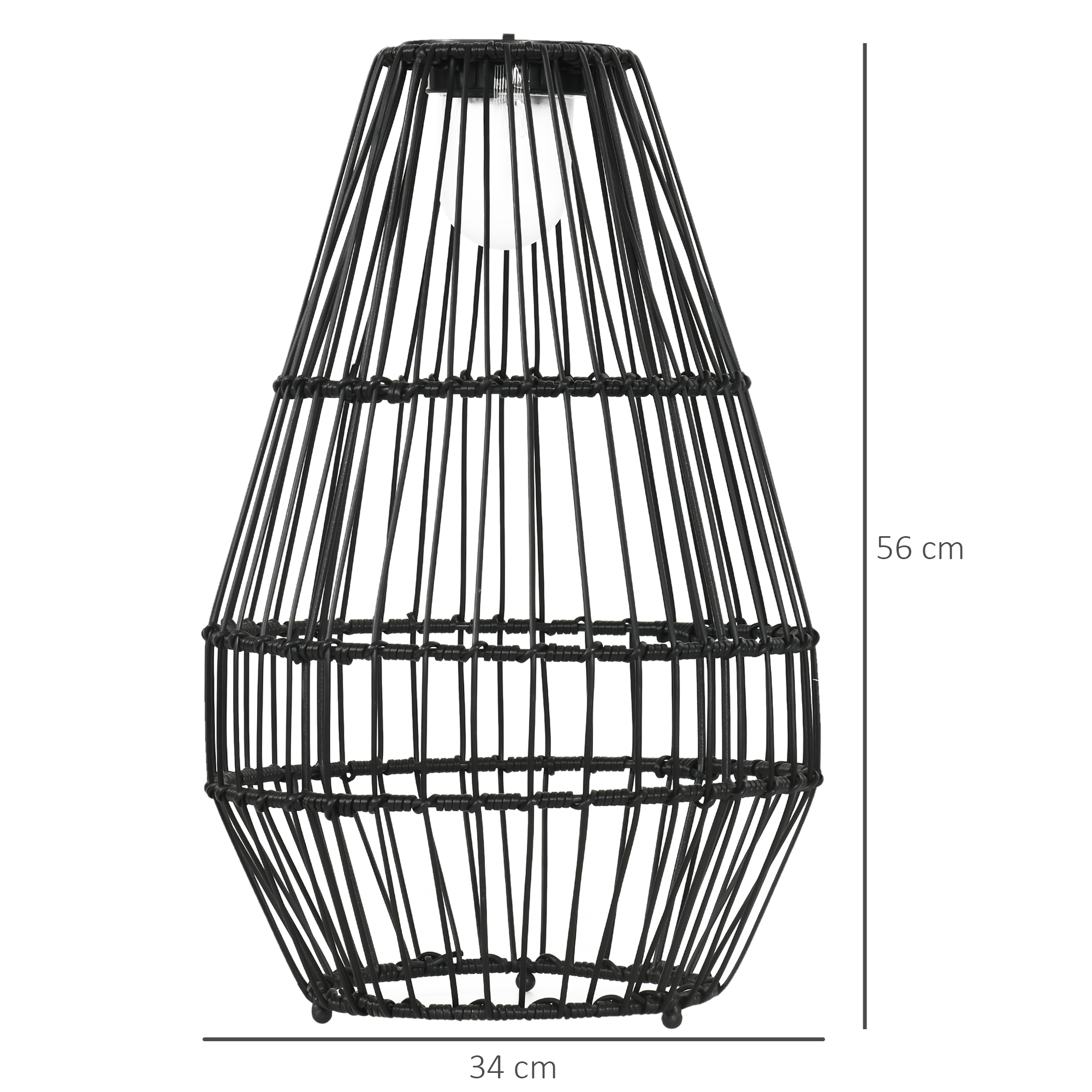 Eine schwarze, gewebte, tropfenförmige Lampe mit beschrifteten Abmessungen. Der Hintergrund ist weiß.
