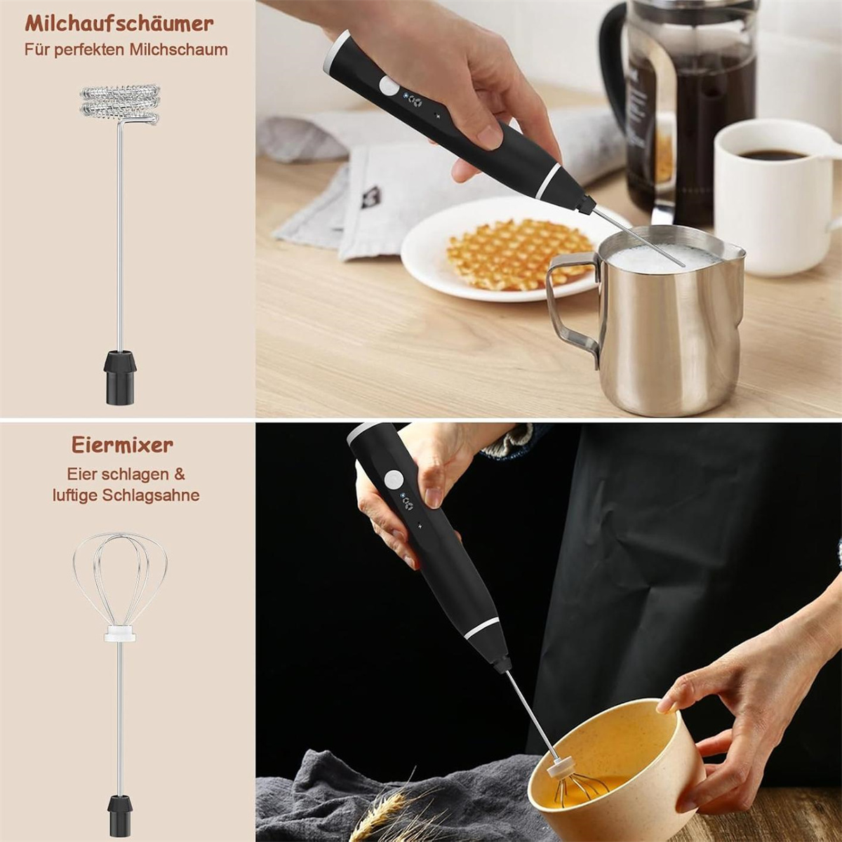 Handmilchaufschäumer in Aktion, mit Aufsätzen. Schwarz-Silber-Design.