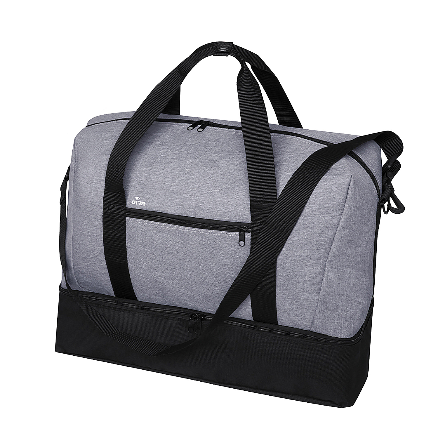 Una bolsa de lona gris y negra. La bolsa tiene una base negra y correas negras. El fondo es blanco liso.