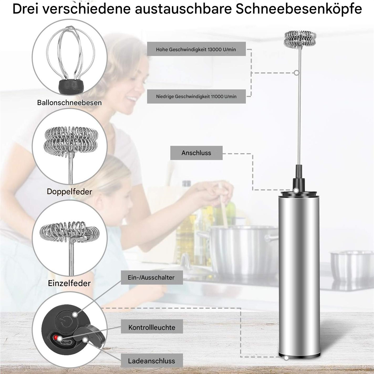 Drei verschiedene Aufschäumerköpfe für einen Milchaufschäumer werden gezeigt. Eine Frau und ein Kind sind im Hintergrund.