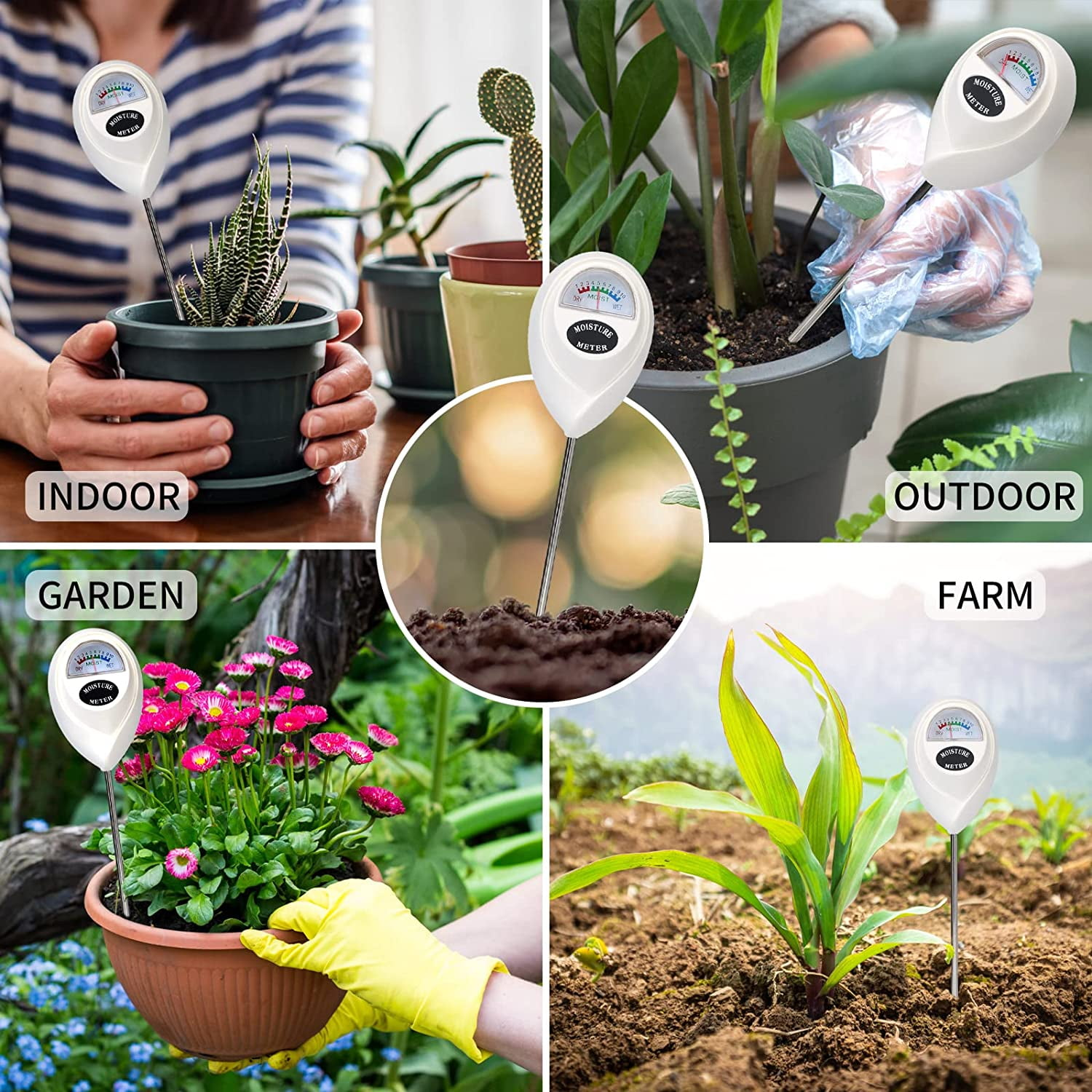 Eine Collage zeigt ein Feuchtigkeitsmessgerät in verschiedenen Pflanzen und Umgebungen: drinnen, draußen, Garten und Bauernhof.