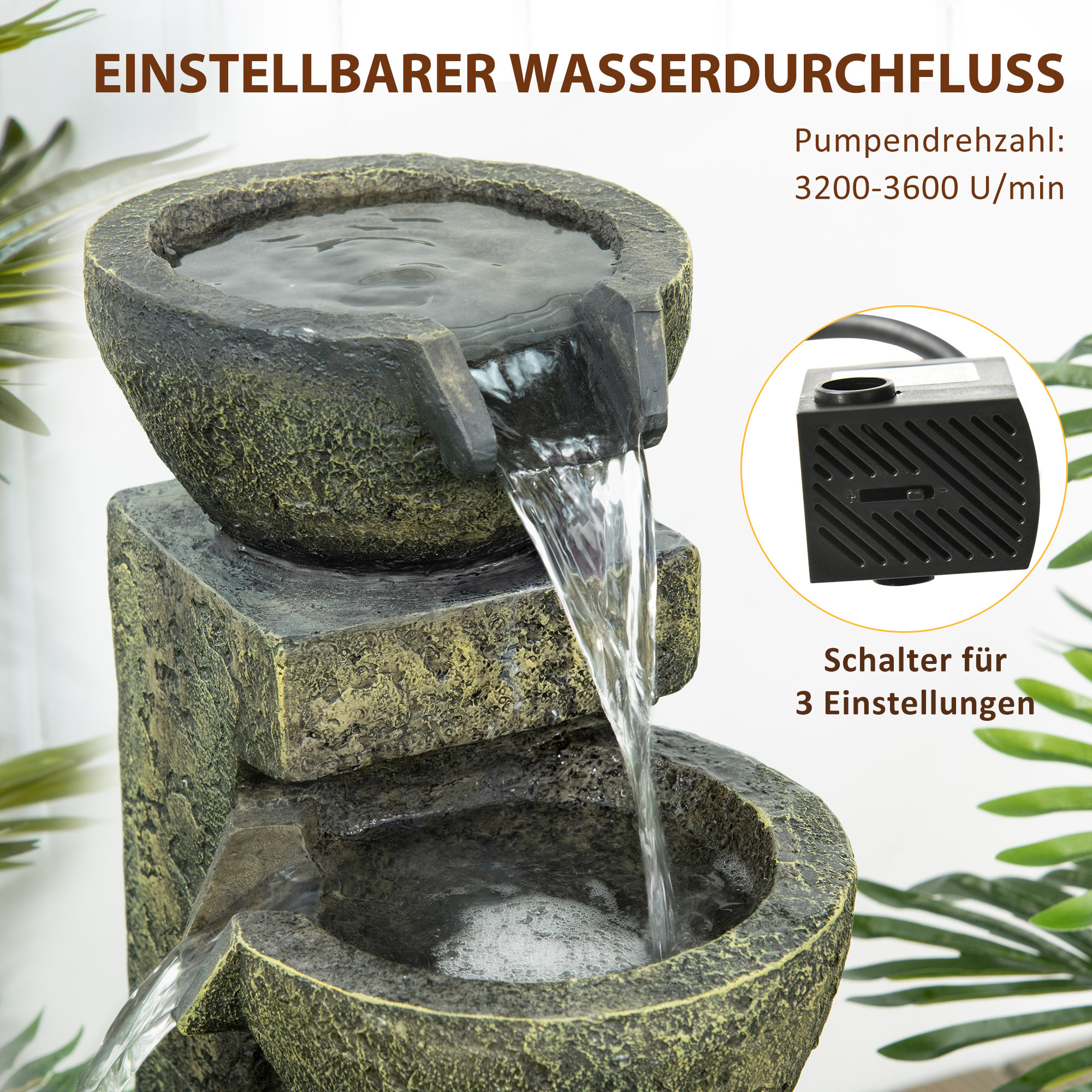 Ein Steinbrunnen mit fließendem Wasser. Der Text lautet Einstellbarer Wasserdurchfluss und Pumpendrehzahl.