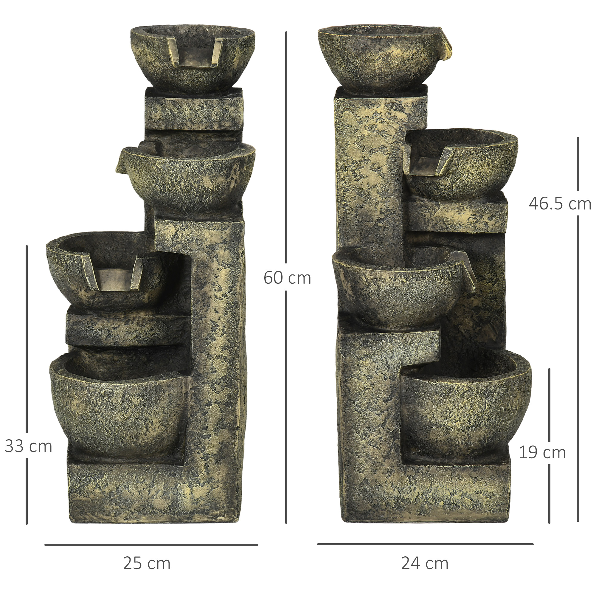 Zwei Ansichten eines Steinbrunnens. Abmessungen sind gezeigt. Der Brunnen hat vier Schalen.